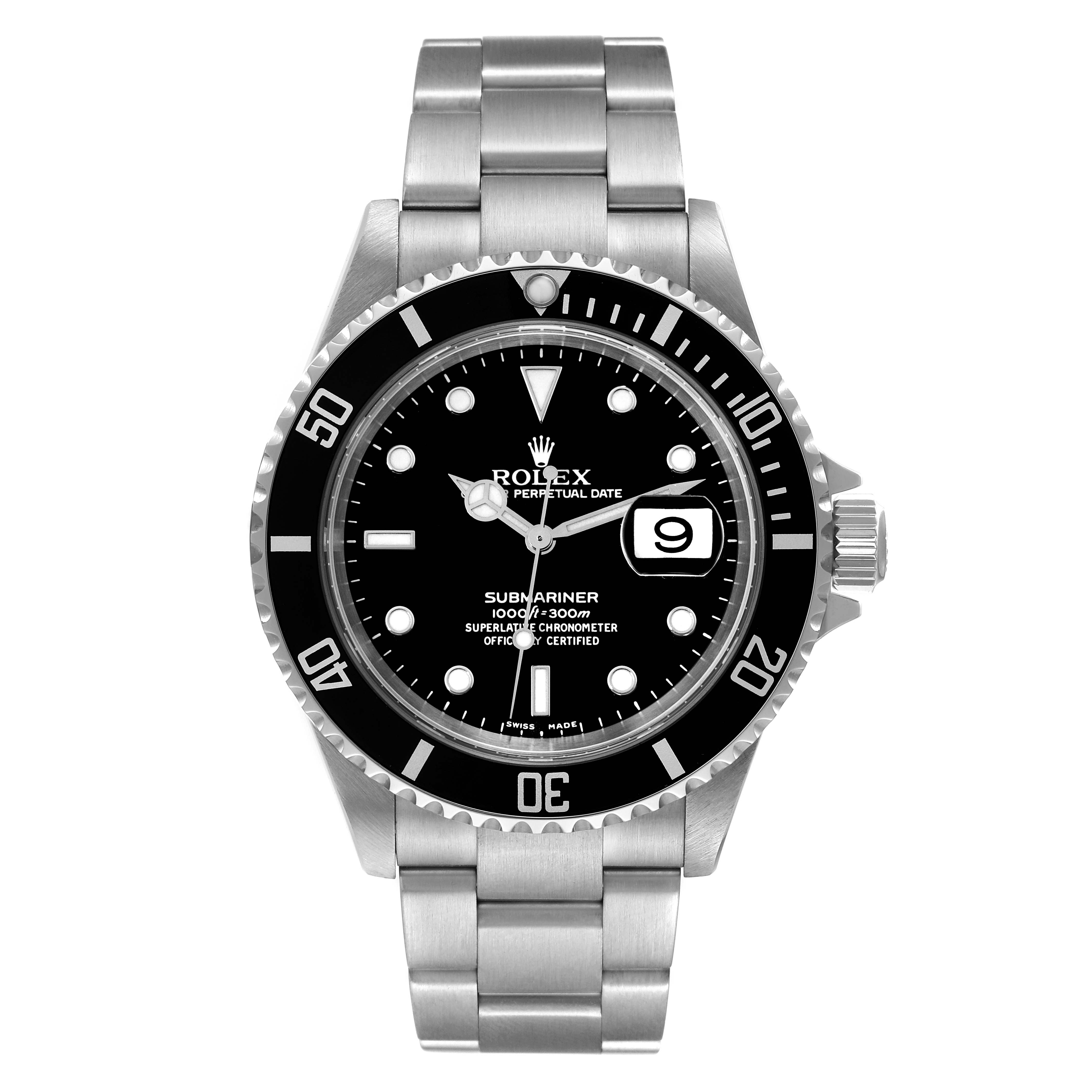 The image shows a frontal view of the Rolex Submariner 16610 Men
s Stainless Steel Black Dial 16610 Men
s Stainless Steel Black Dial watch, displaying its dial, bezel, and bracelet.