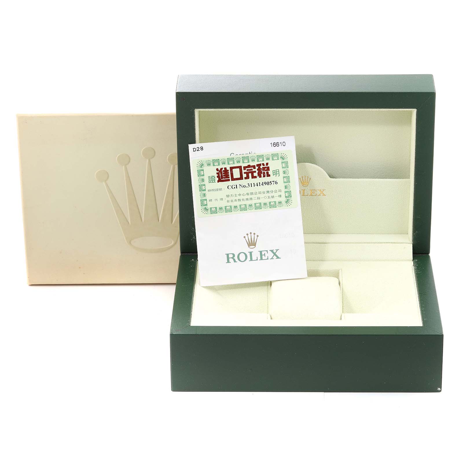 The image shows an open green Rolex Submariner 16610 Men
s Stainless Steel Black Dial 16610 Men
s Stainless Steel Black Dial watch box with its outer box, cushion, and documentation.