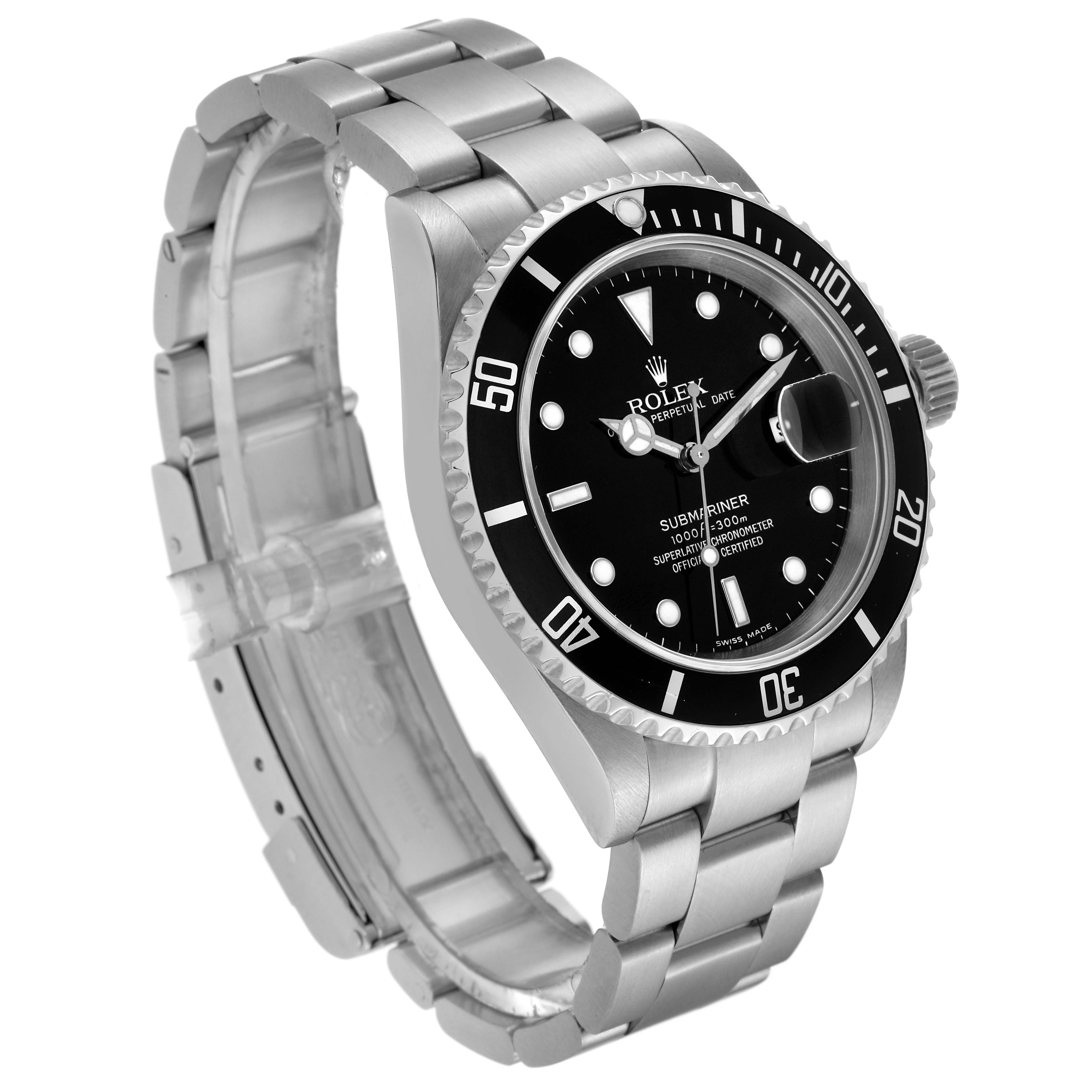 The image shows a Rolex Submariner 16610 Men
s Stainless Steel Black Dial 16610 Men
s Stainless Steel Black Dial watch at a three-quarter angle, highlighting the bezel, dial, and bracelet.