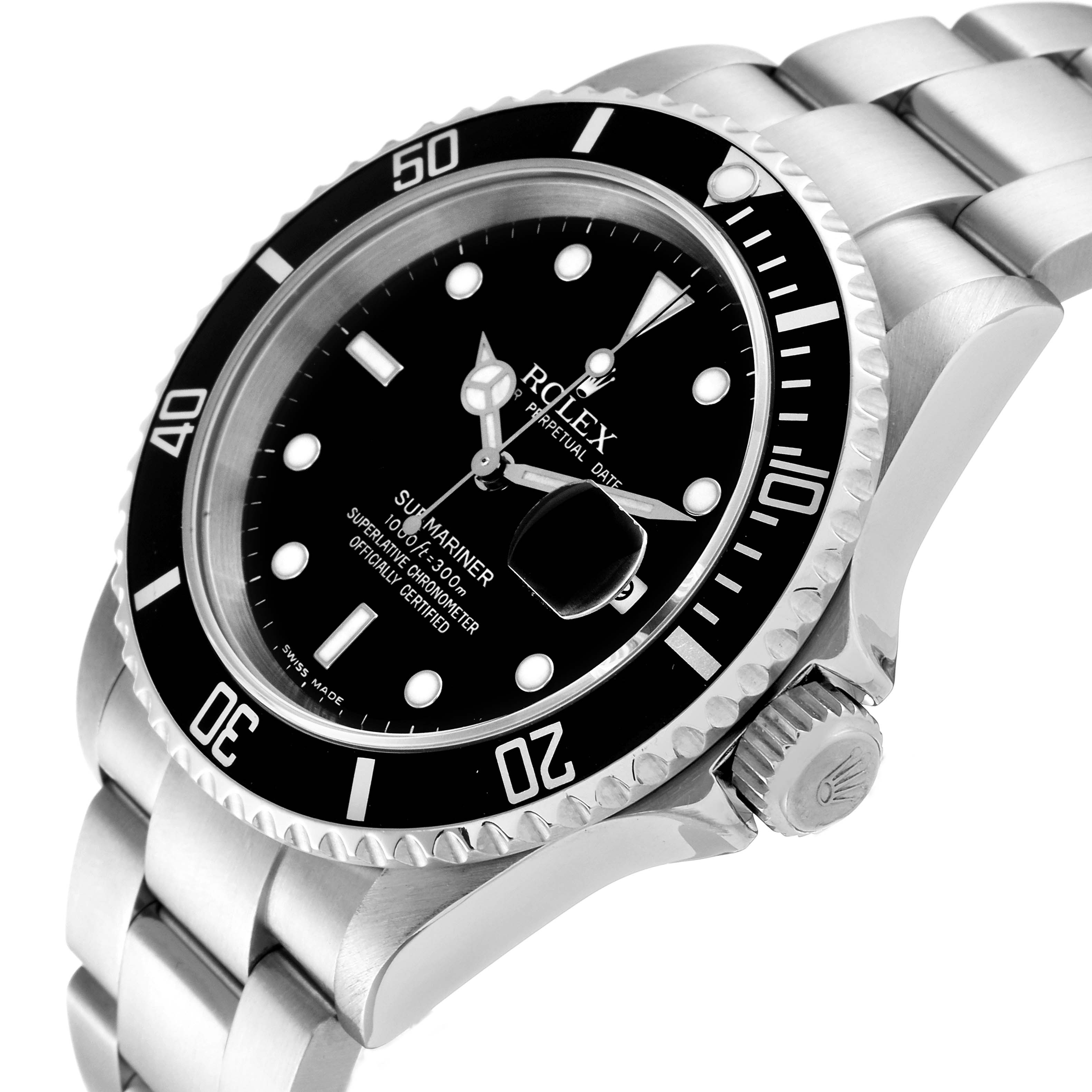 This image shows a side-angle view of a Rolex Submariner 16610 Men
s Stainless Steel Black Dial 16610 Men
s Stainless Steel Black Dial, highlighting the watch face, bezel, crown, and bracelet.