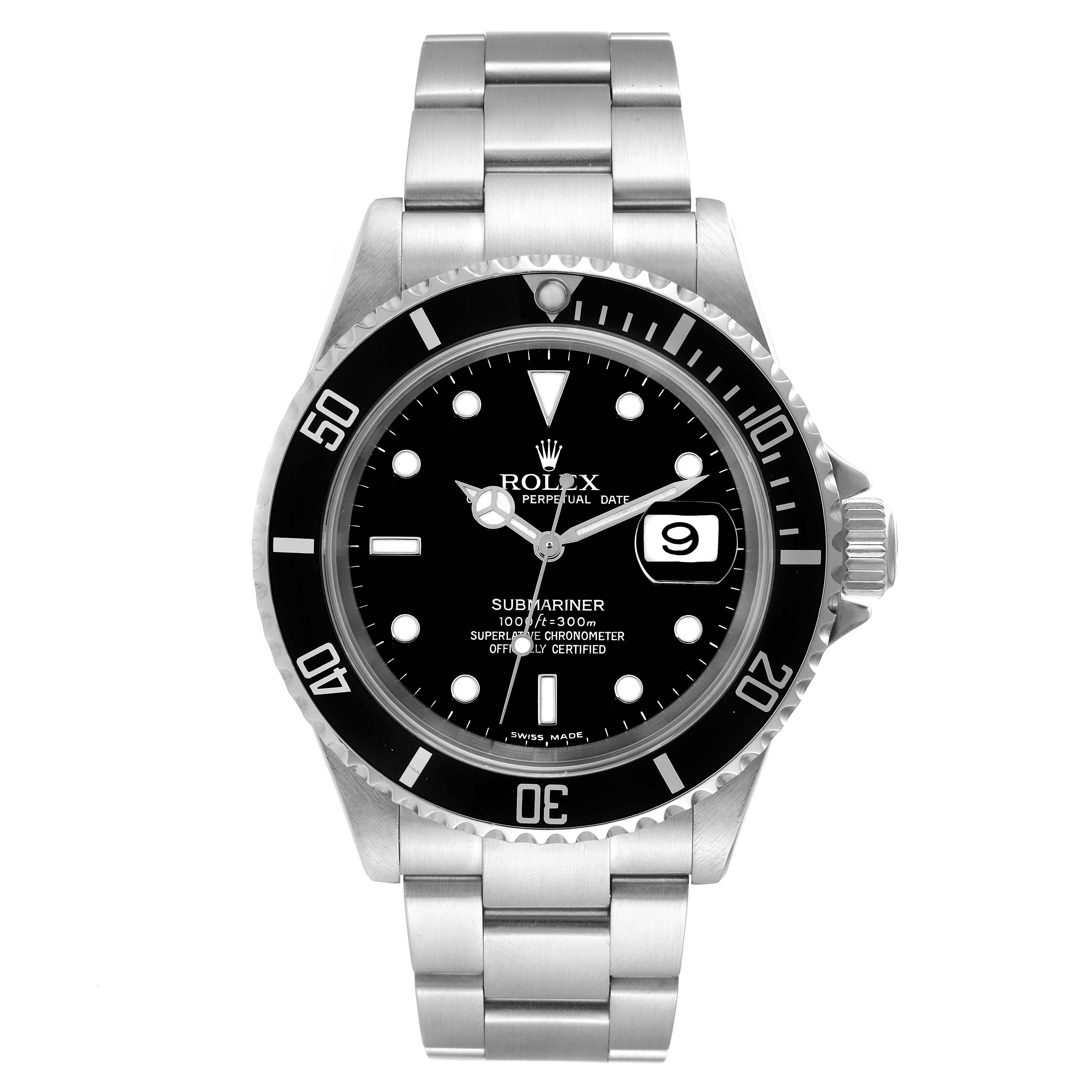 The image shows a front view of the Rolex Submariner 16610 Men
s Stainless Steel Black Dial 16610 Men
s Stainless Steel Black Dial, displaying the bezel, dial, hands, date window, and bracelet.