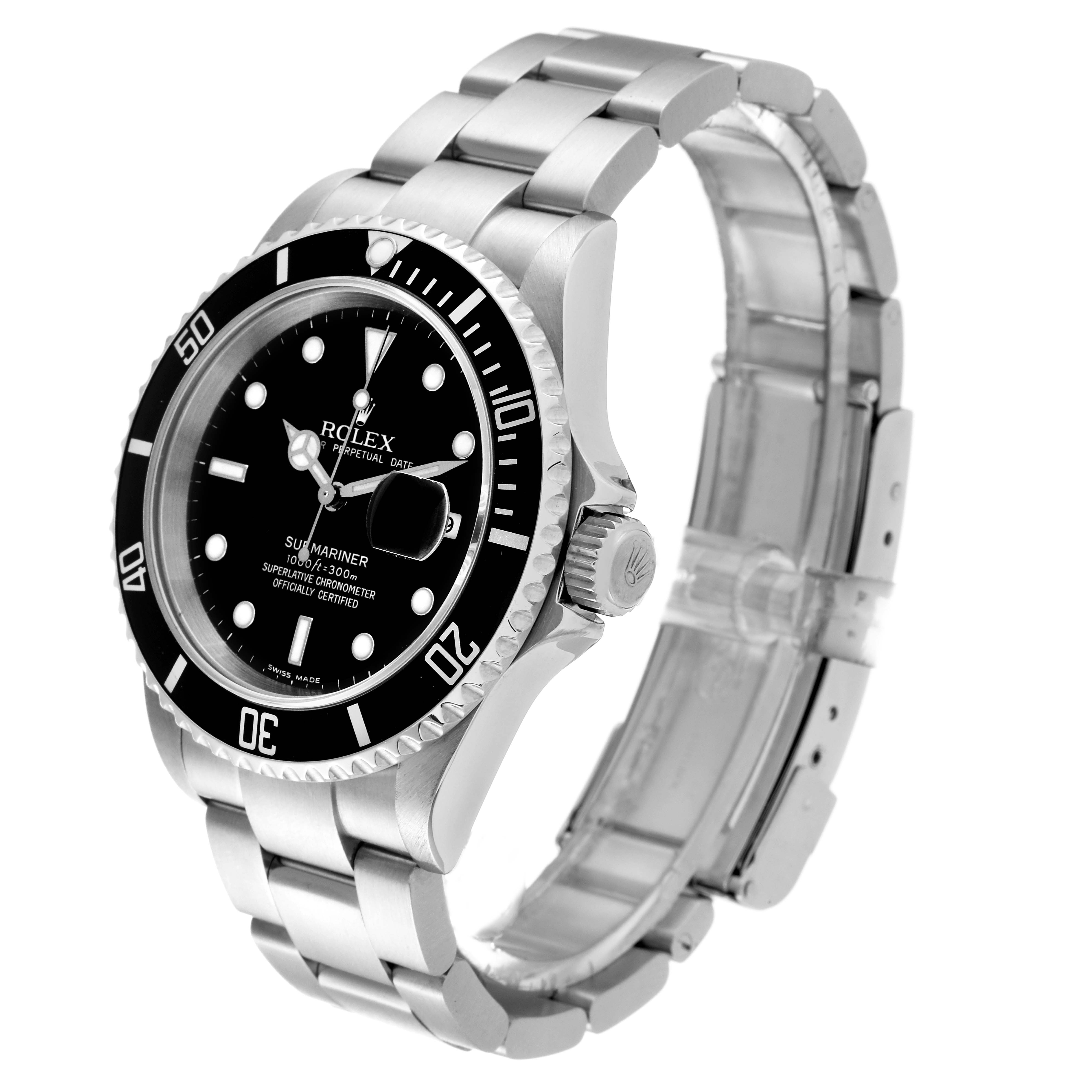 This image shows a side-angle view of a Rolex Submariner 16610 Men
s Stainless Steel Black Dial 16610 Men
s Stainless Steel Black Dial watch, highlighting its face, bezel, bracelet, and clasp.