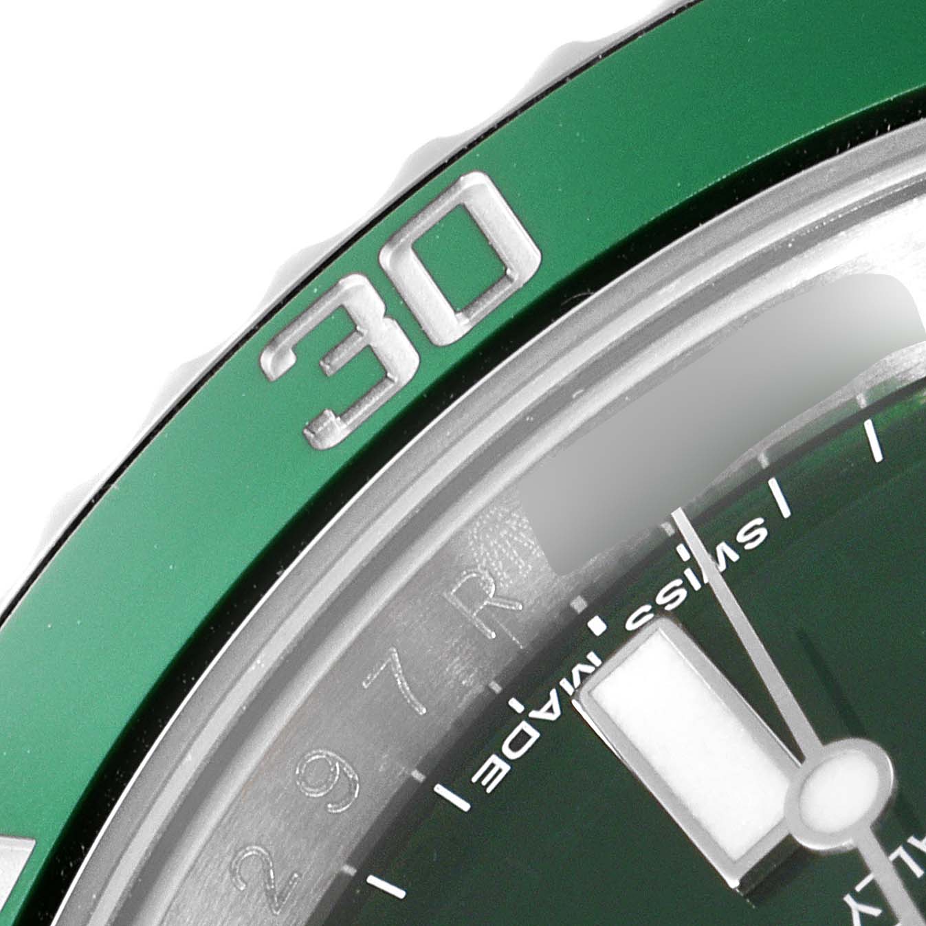 The image shows a close-up of the green bezel and dial of a Rolex Submariner 116610LV Men's Stainless Steel Green Dial 116610LV Men's Stainless Steel Green Dial watch, highlighting the "30" marker.