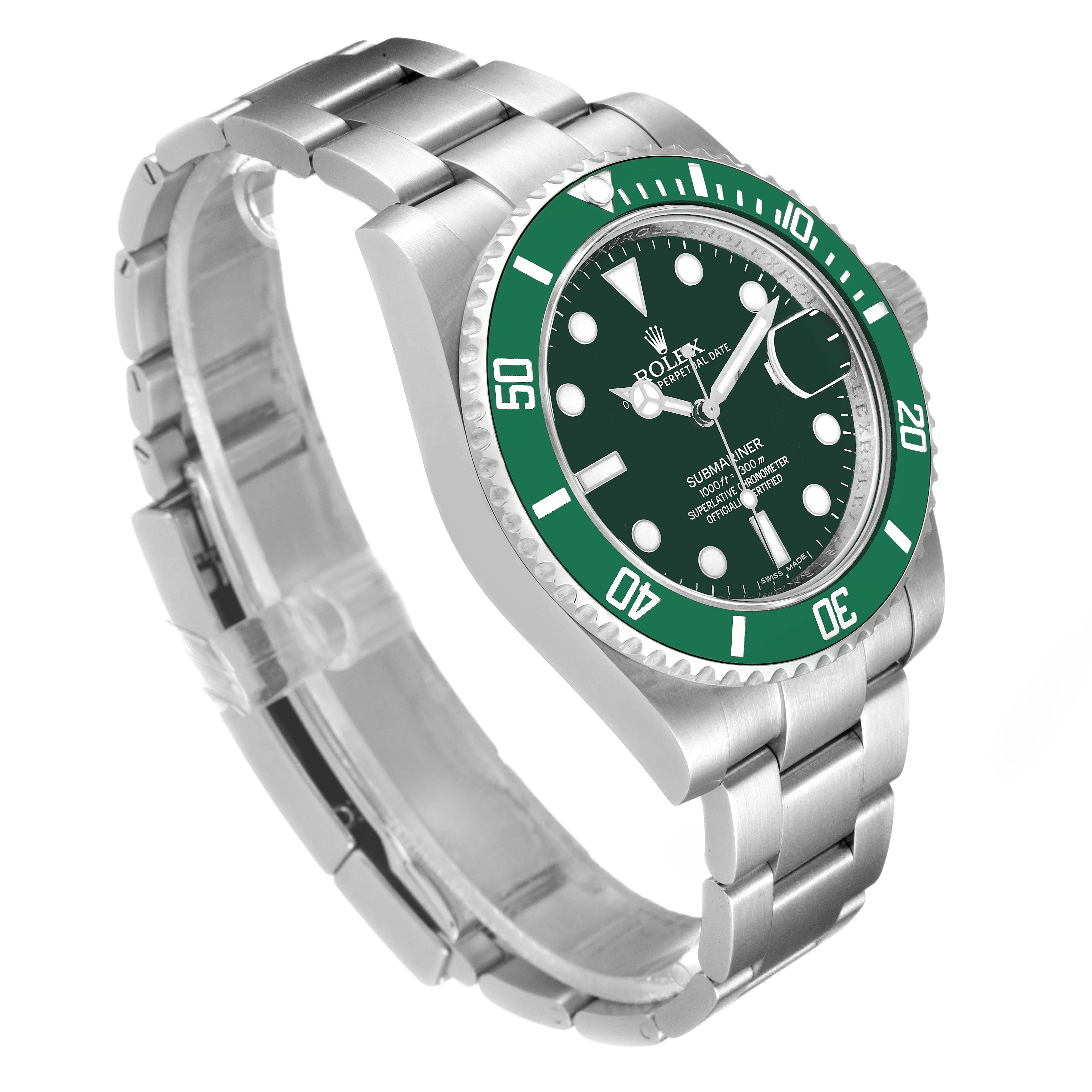 The Rolex Submariner 116610LV Men's Stainless Steel Green Dial 116610LV Men's Stainless Steel Green Dial watch is shown from a three-quarter angle, highlighting the face, bezel, and bracelet.