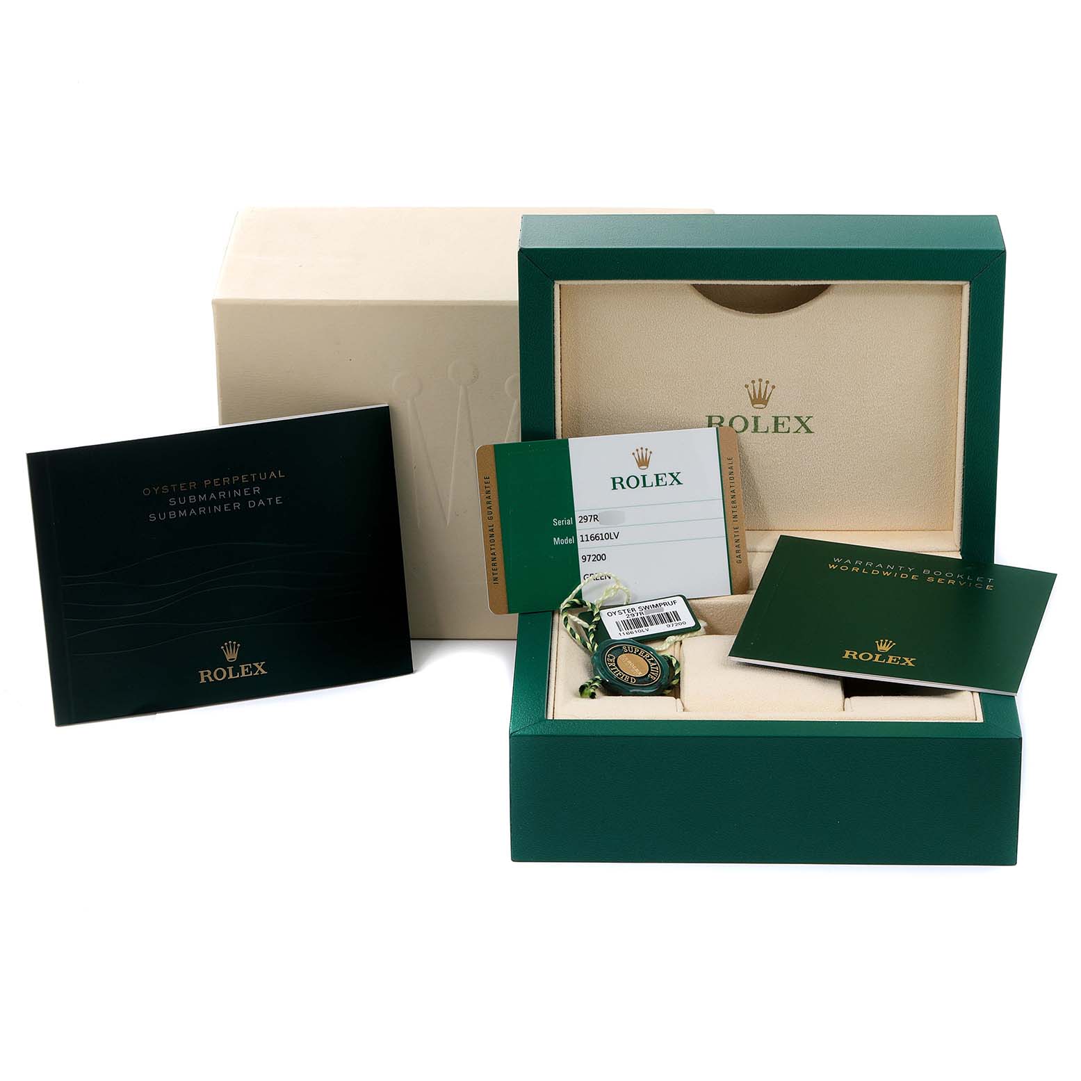 The image shows the packaging, warranty card, manual booklets, tag, and box of a Rolex Submariner 116610LV Men's Stainless Steel Green Dial 116610LV Men's Stainless Steel Green Dial model.