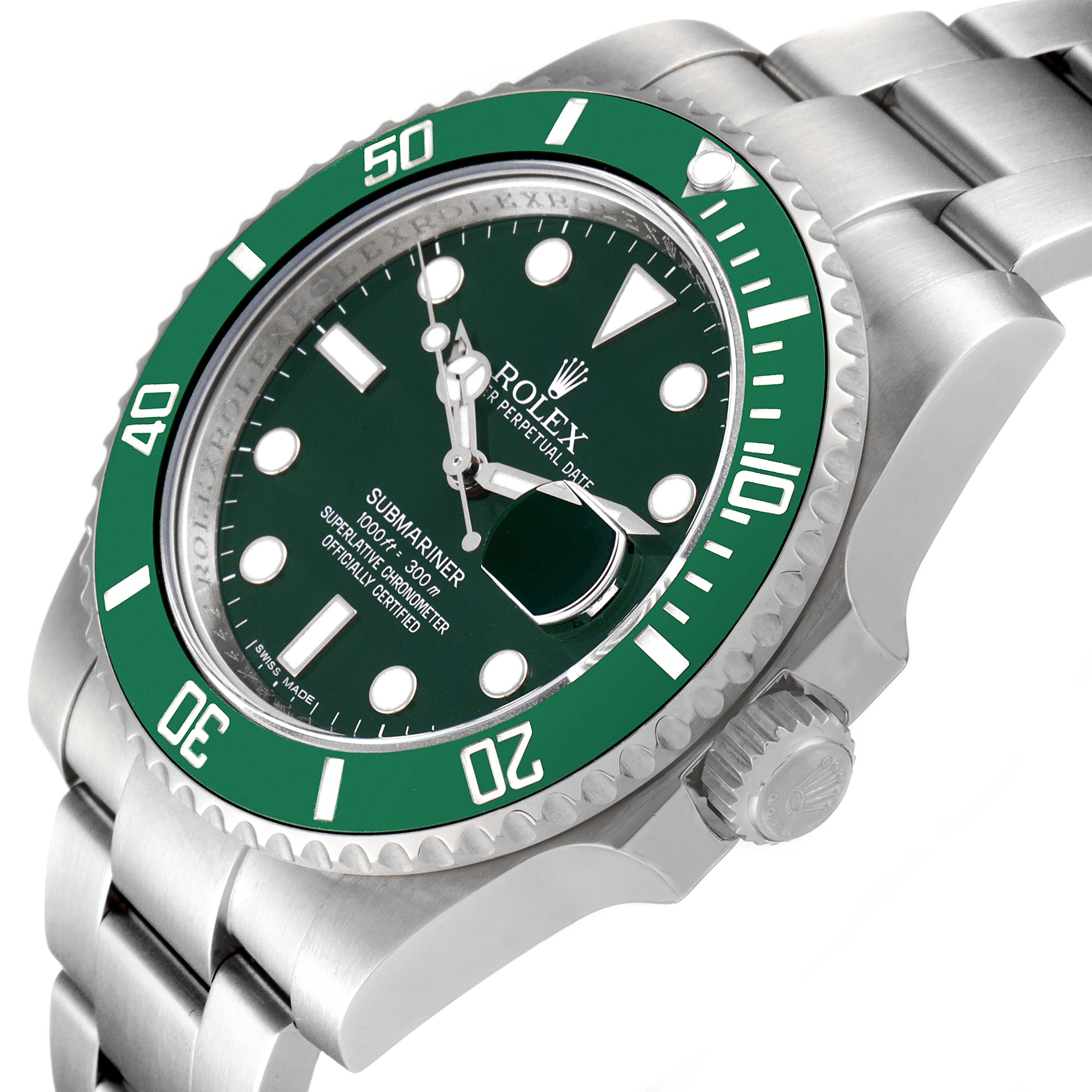 The image shows a Rolex Submariner 116610LV Men's Stainless Steel Green Dial 116610LV Men's Stainless Steel Green Dial watch from a slightly angled side view, highlighting the green bezel and dial, crown, and bracelet.