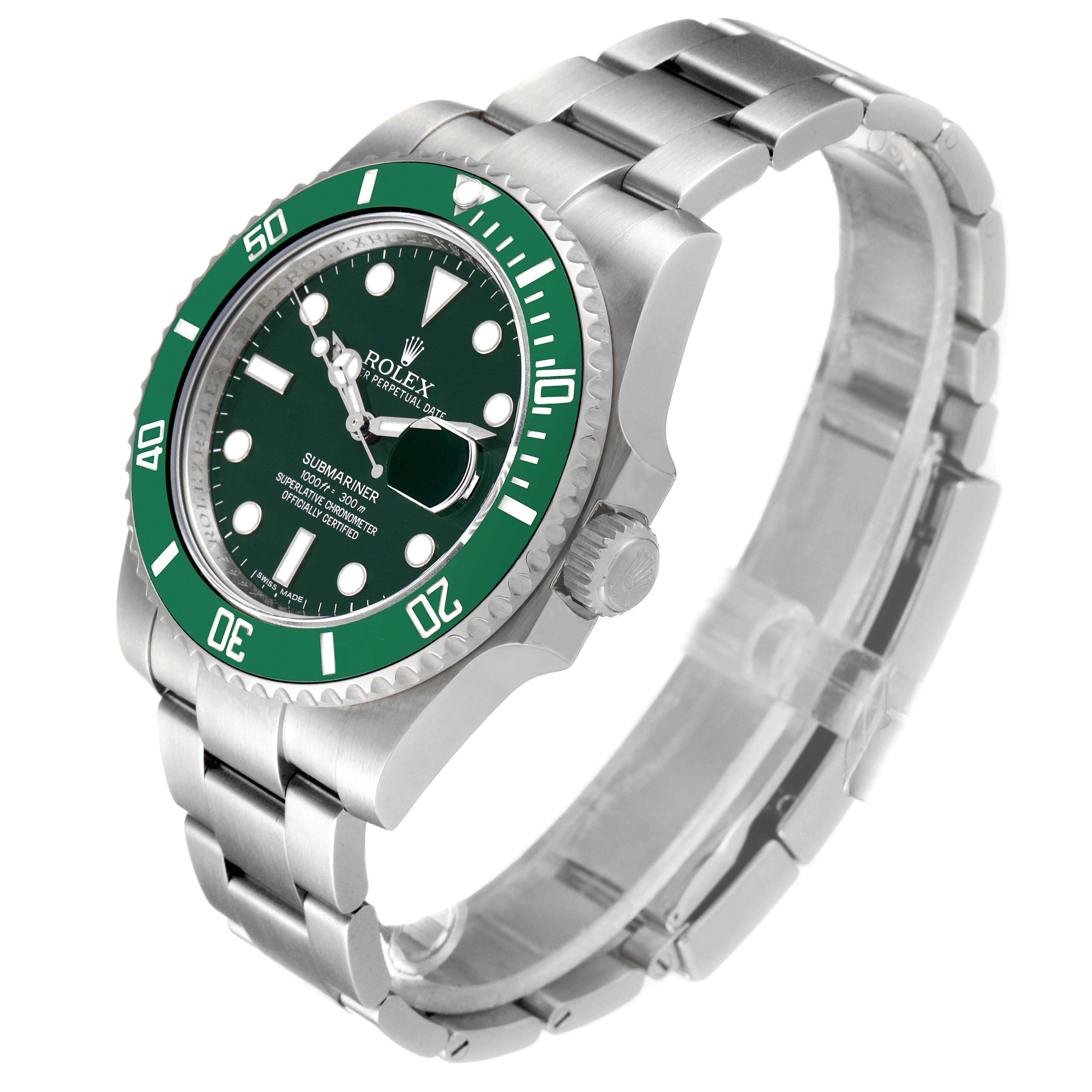 The Rolex Submariner 116610LV Men's Stainless Steel Green Dial 116610LV Men's Stainless Steel Green Dial watch is shown at a three-quarter angle highlighting the face, bezel, crown, and part of the bracelet.