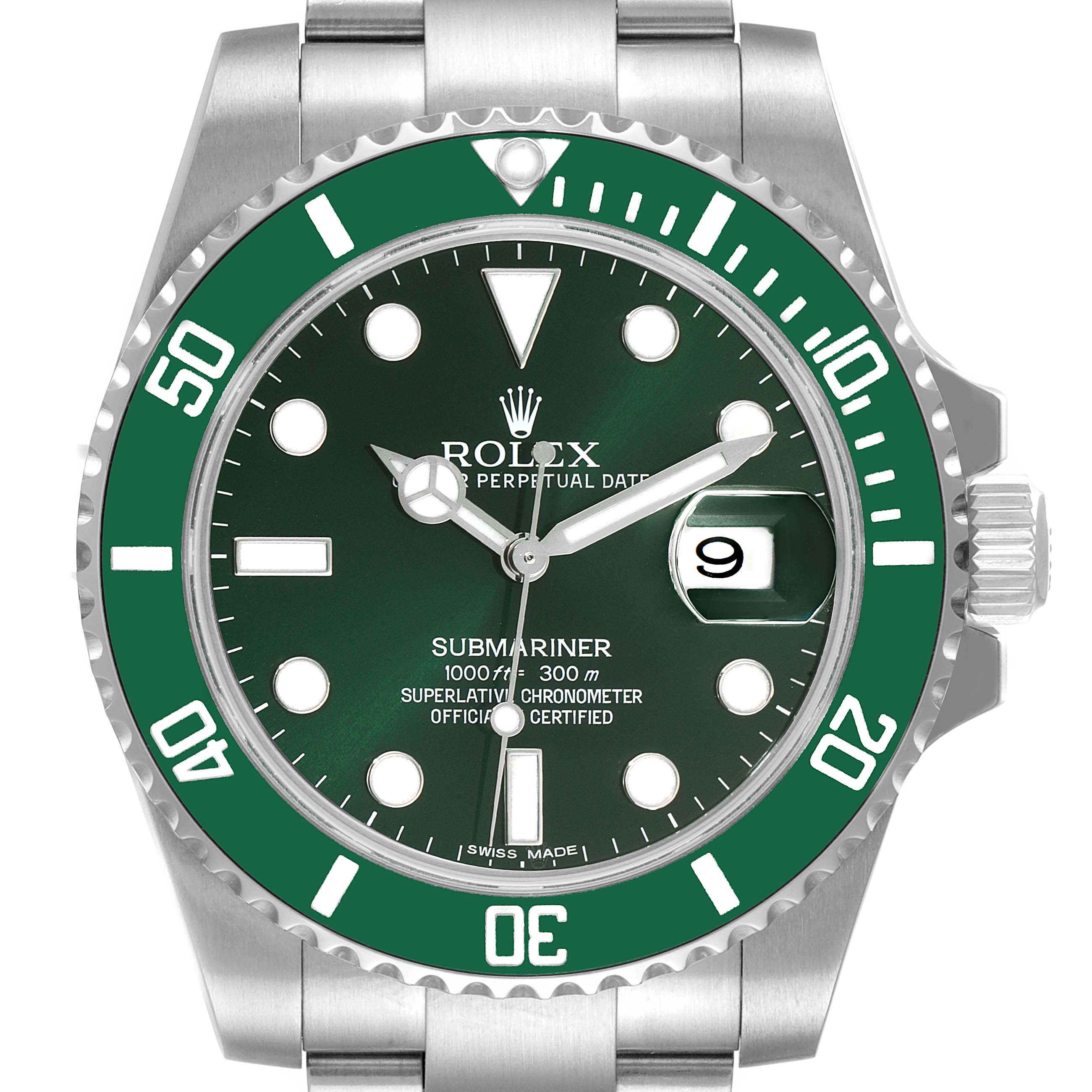 The image shows a front view of the Rolex Submariner 116610LV Men's Stainless Steel Green Dial 116610LV Men's Stainless Steel Green Dial watch, highlighting the dial, bezel, and date window.