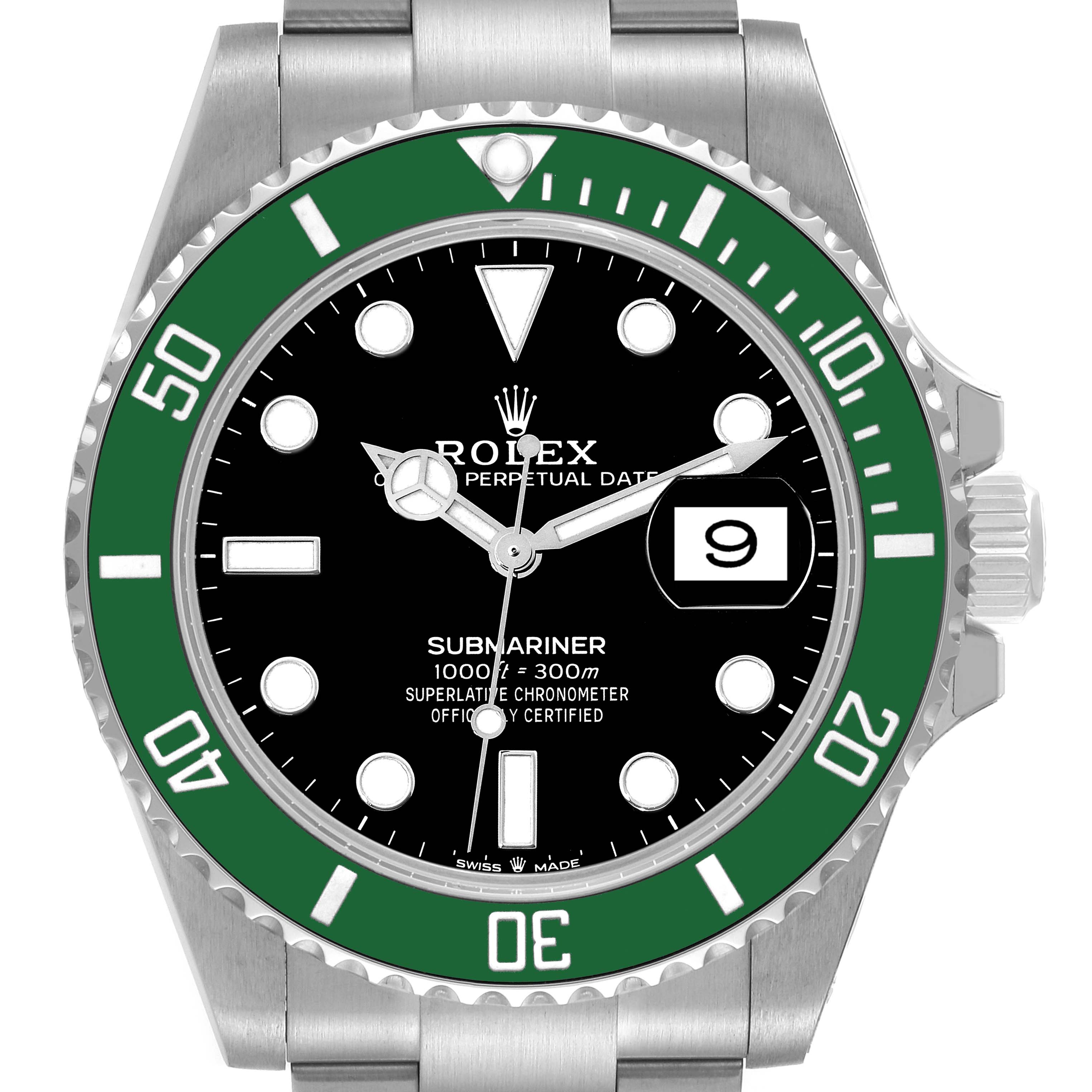 This image shows a front view of the Rolex Submariner 126610LV Men
s Stainless Steel Black Dial 126610LV Men
s Stainless Steel Black Dial watch, highlighting its green bezel, black dial, and bracelet.