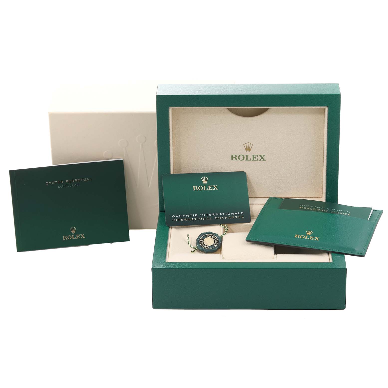 The image shows the packaging, warranty card, booklets, and accessories for a Rolex Submariner 126610LV Men
s Stainless Steel Black Dial 126610LV Men
s Stainless Steel Black Dial watch.
