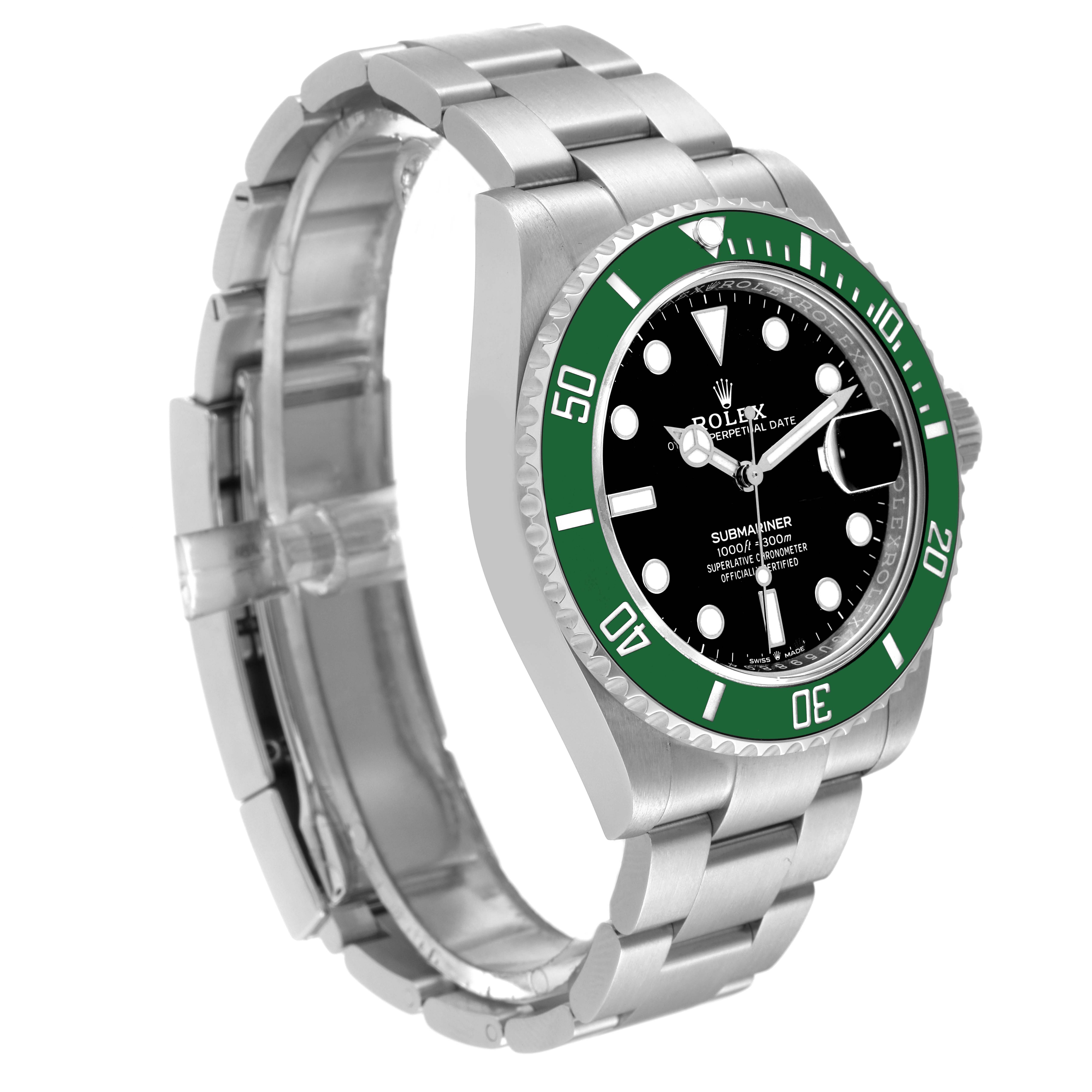 The image shows a Rolex Submariner 126610LV Men
s Stainless Steel Black Dial 126610LV Men
s Stainless Steel Black Dial watch at an angle highlighting its side, bracelet, and green bezel.