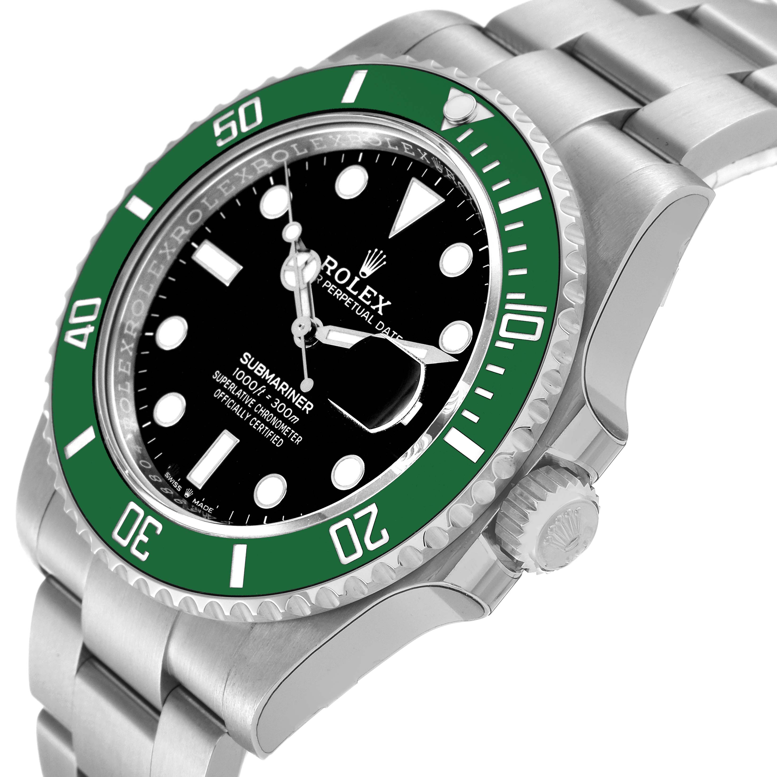 The image shows a close-up angle of the Rolex Submariner 126610LV Men
s Stainless Steel Black Dial 126610LV Men
s Stainless Steel Black Dial watch, highlighting the dial, bezel, and part of the bracelet.