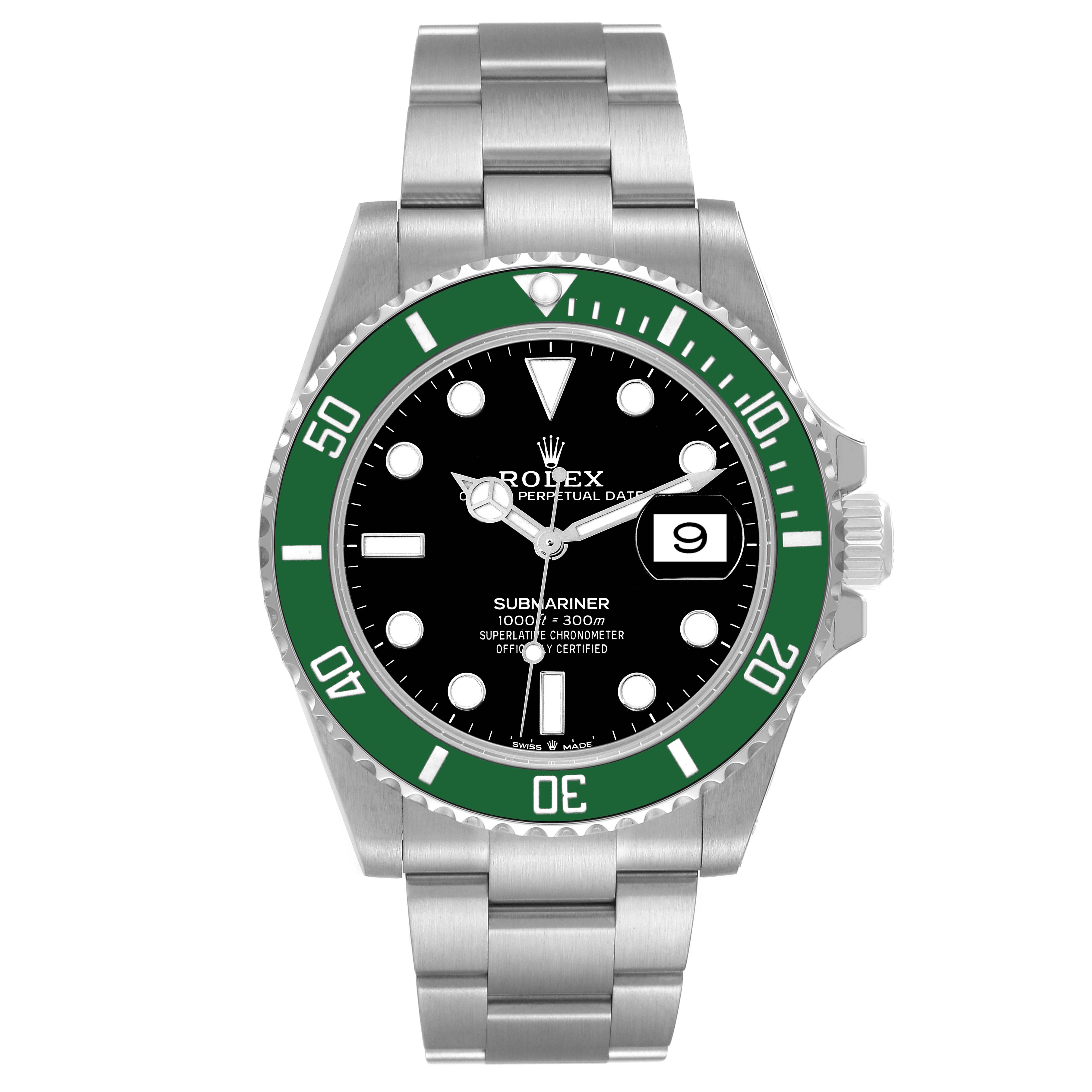 The image shows a frontal view of a Rolex Submariner 126610LV Men
s Stainless Steel Black Dial 126610LV Men
s Stainless Steel Black Dial watch featuring a green bezel and stainless steel bracelet.