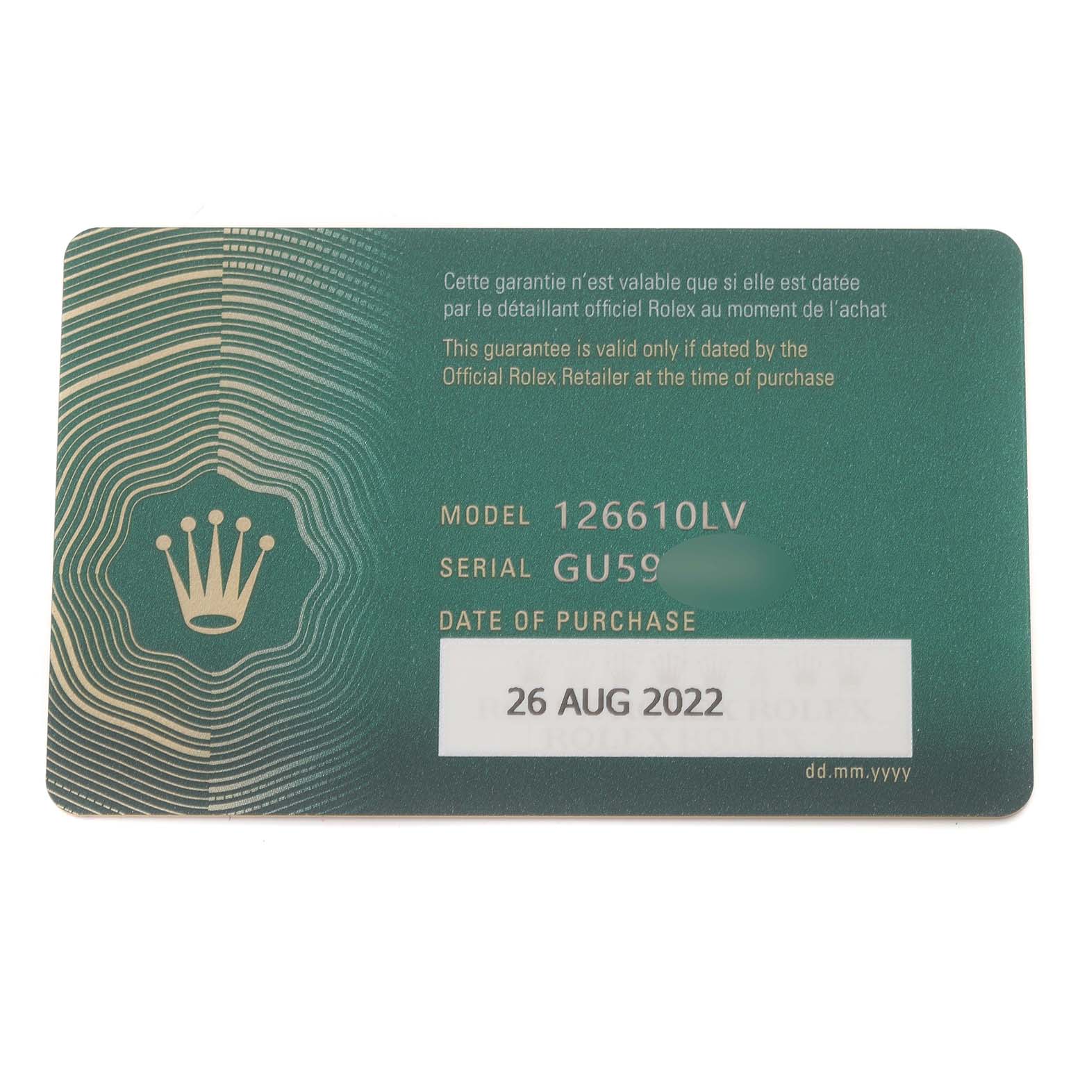 This image shows a guarantee card for a Rolex Submariner 126610LV Men
s Stainless Steel Black Dial 126610LV Men
s Stainless Steel Black Dial model 126610LV, with date of purchase listed as 26 AUG 2022.