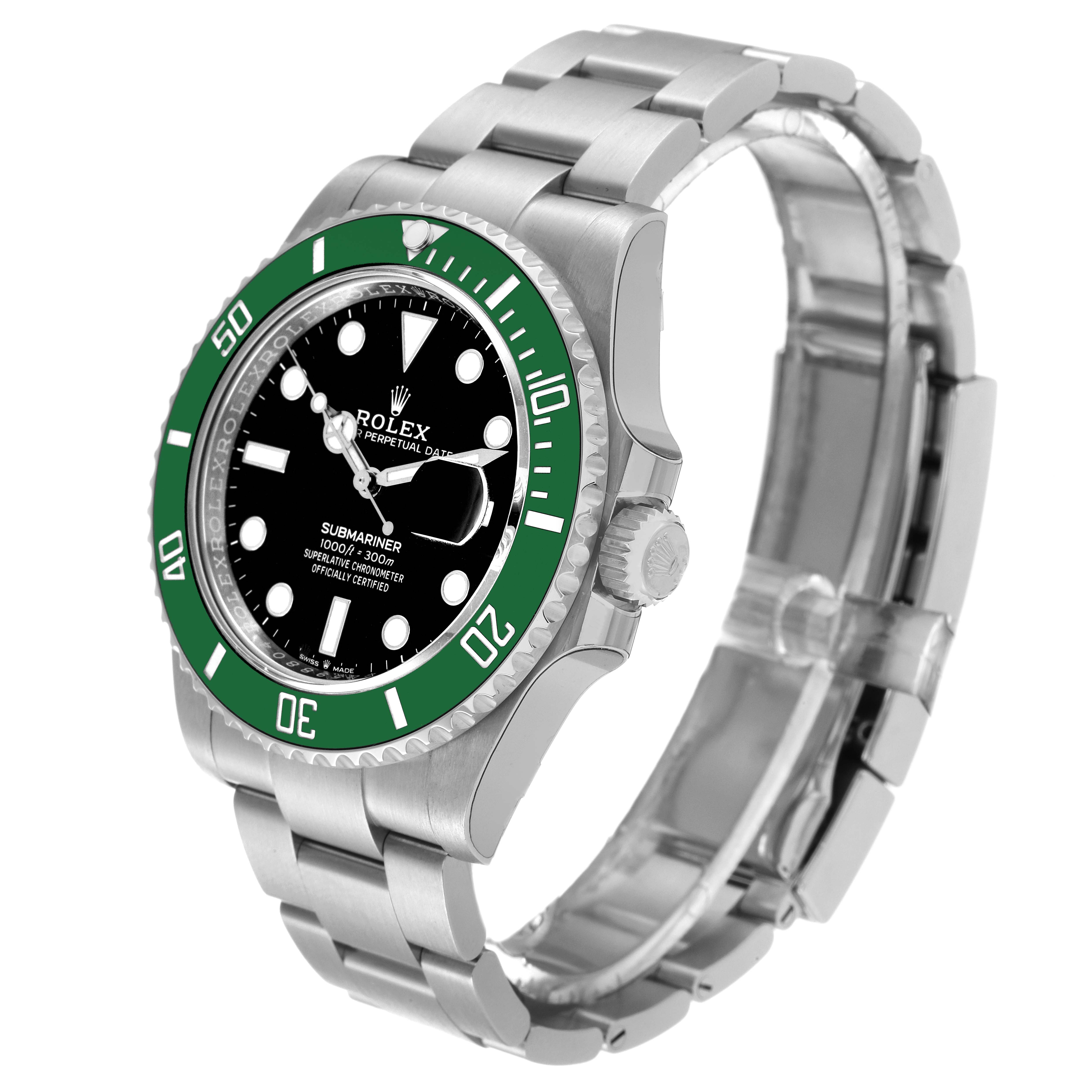 This image shows a Rolex Submariner 126610LV Men
s Stainless Steel Black Dial 126610LV Men
s Stainless Steel Black Dial watch at an angle highlighting the bezel, dial, and bracelet.