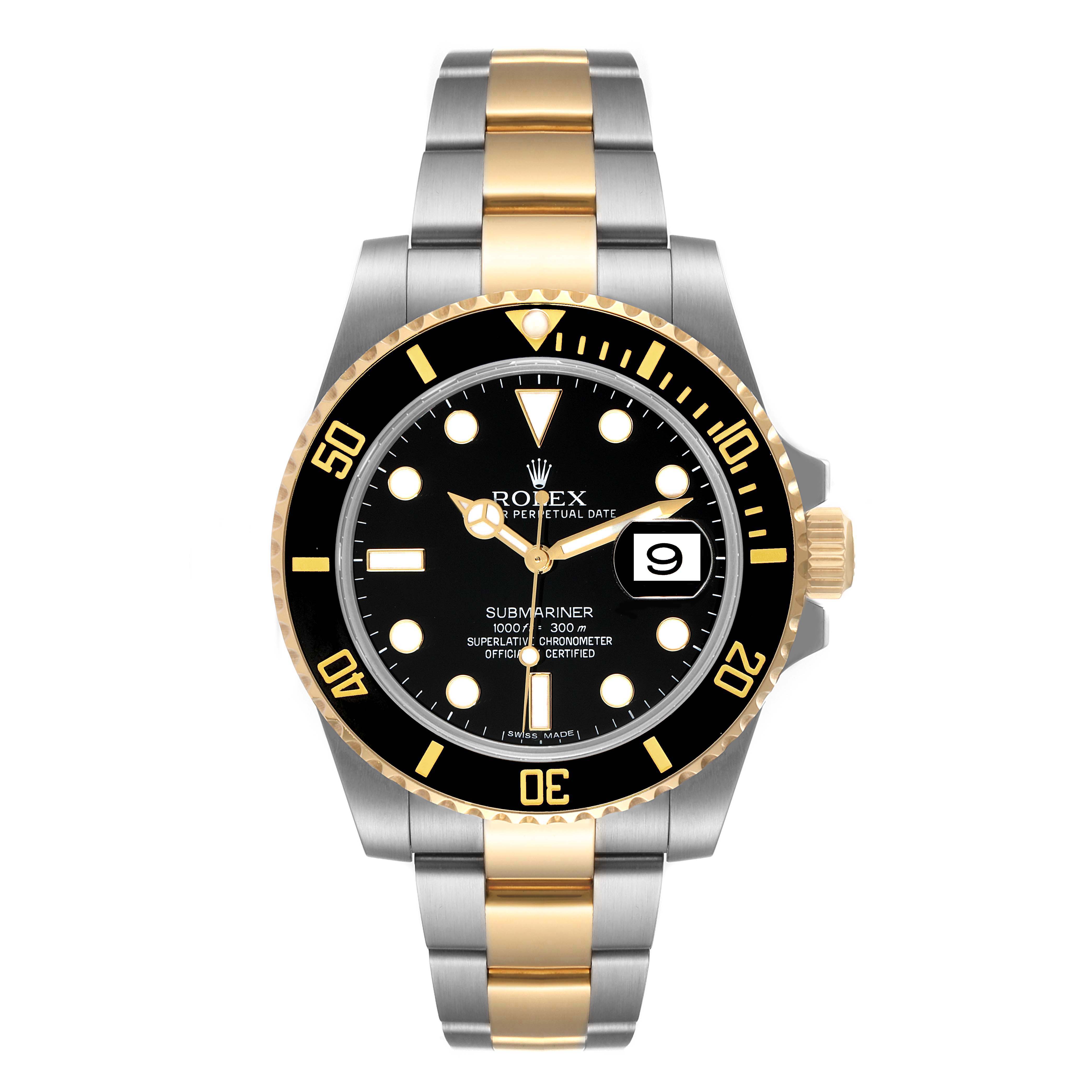 This image shows a front view of a Rolex Submariner 116613 Men's Steel and Gold (two tone) Black Dial 116613 Men's Steel and Gold (two tone) Black Dial, highlighting its black dial, gold accents, and two-tone bracelet.