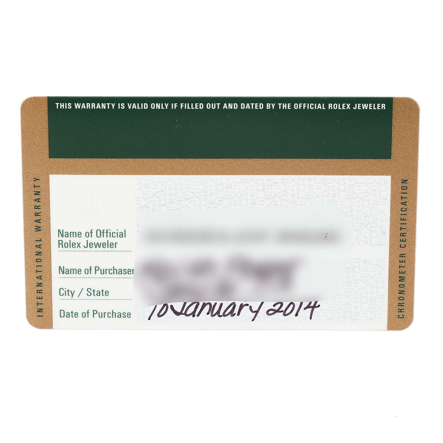 The image shows an International Warranty card for a Rolex Submariner 116613 Men's Steel and Gold (two tone) Black Dial 116613 Men's Steel and Gold (two tone) Black Dial model, dated January 10, 2014.
