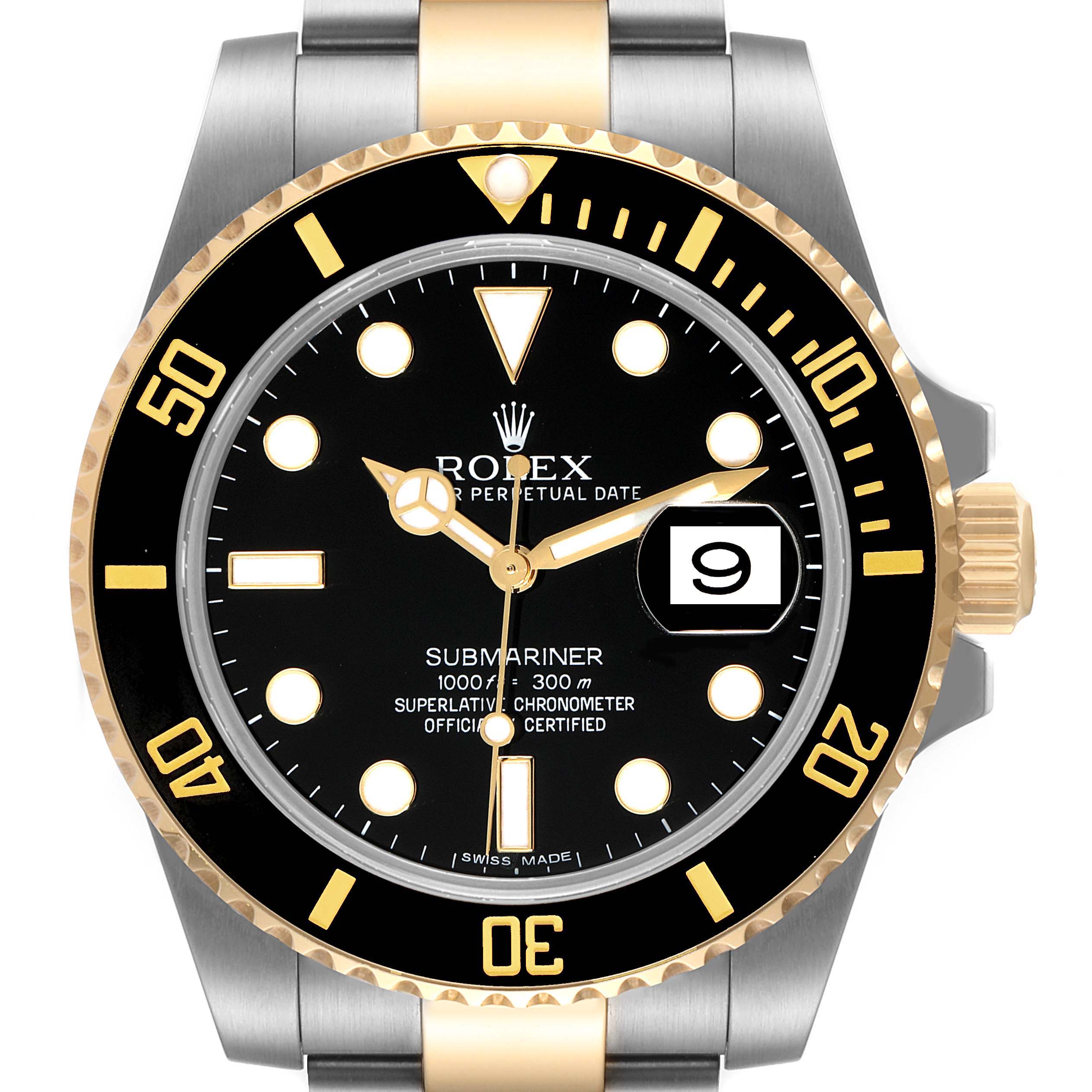 The image shows a front-facing view of a Rolex Submariner 116613 Men's Steel and Gold (two tone) Black Dial 116613 Men's Steel and Gold (two tone) Black Dial watch, highlighting its black dial, date display, and two-tone bracelet.