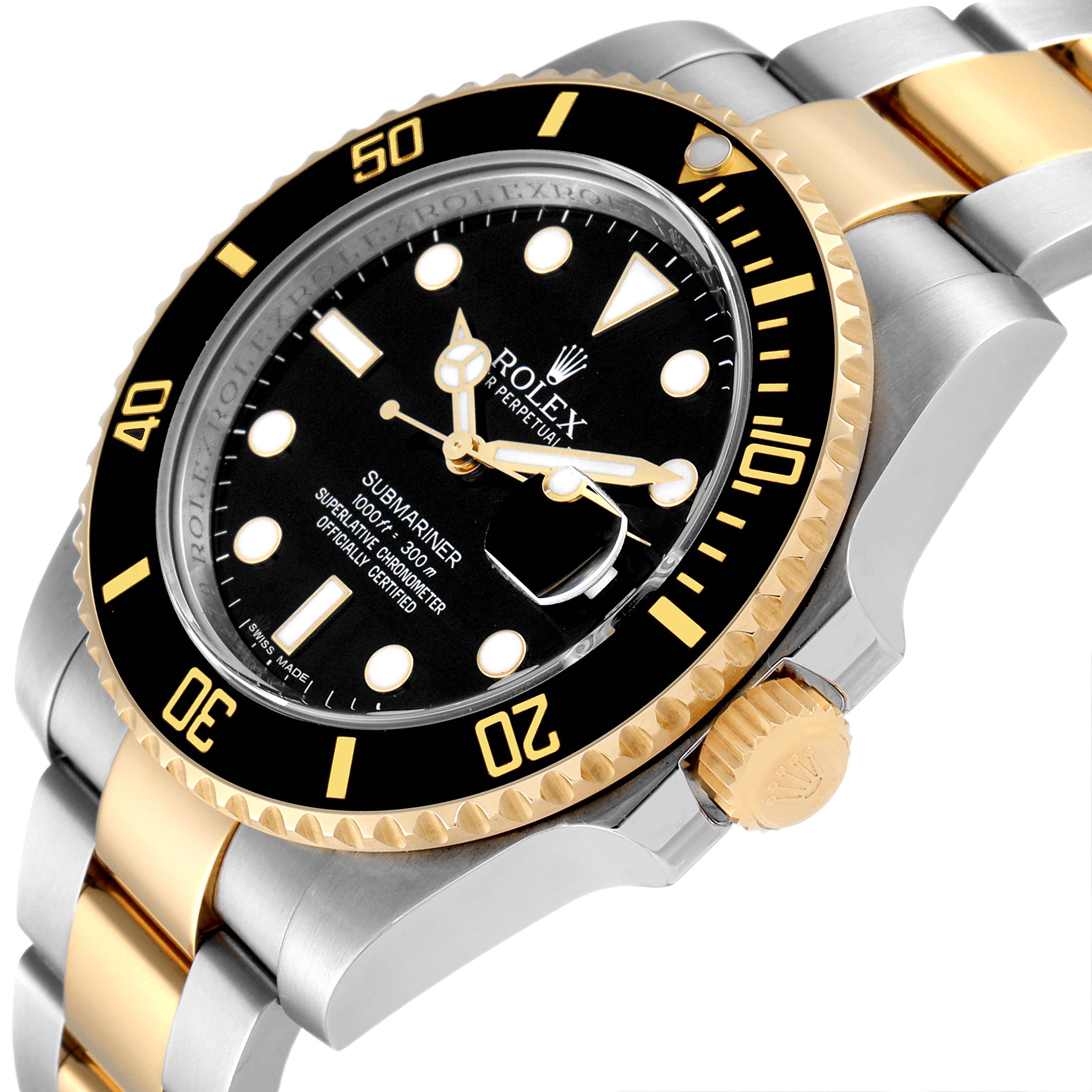 This image shows a Rolex Submariner 116613 Men's Steel and Gold (two tone) Black Dial 116613 Men's Steel and Gold (two tone) Black Dial watch from a front-side angle, highlighting the bezel, crown, and bracelet.