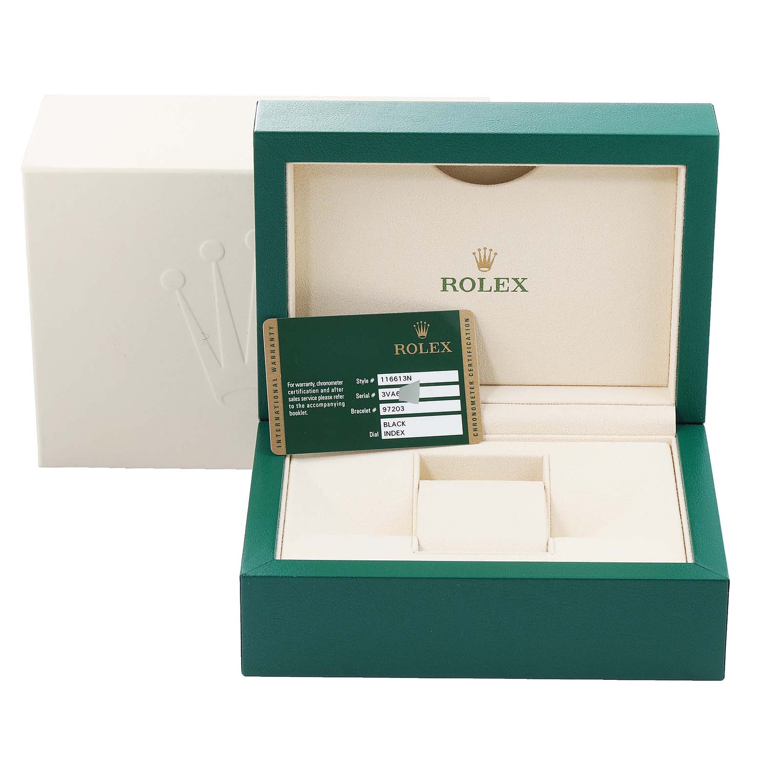 This image shows the open box and warranty card of a Rolex Submariner 116613 Men's Steel and Gold (two tone) Black Dial 116613 Men's Steel and Gold (two tone) Black Dial watch.