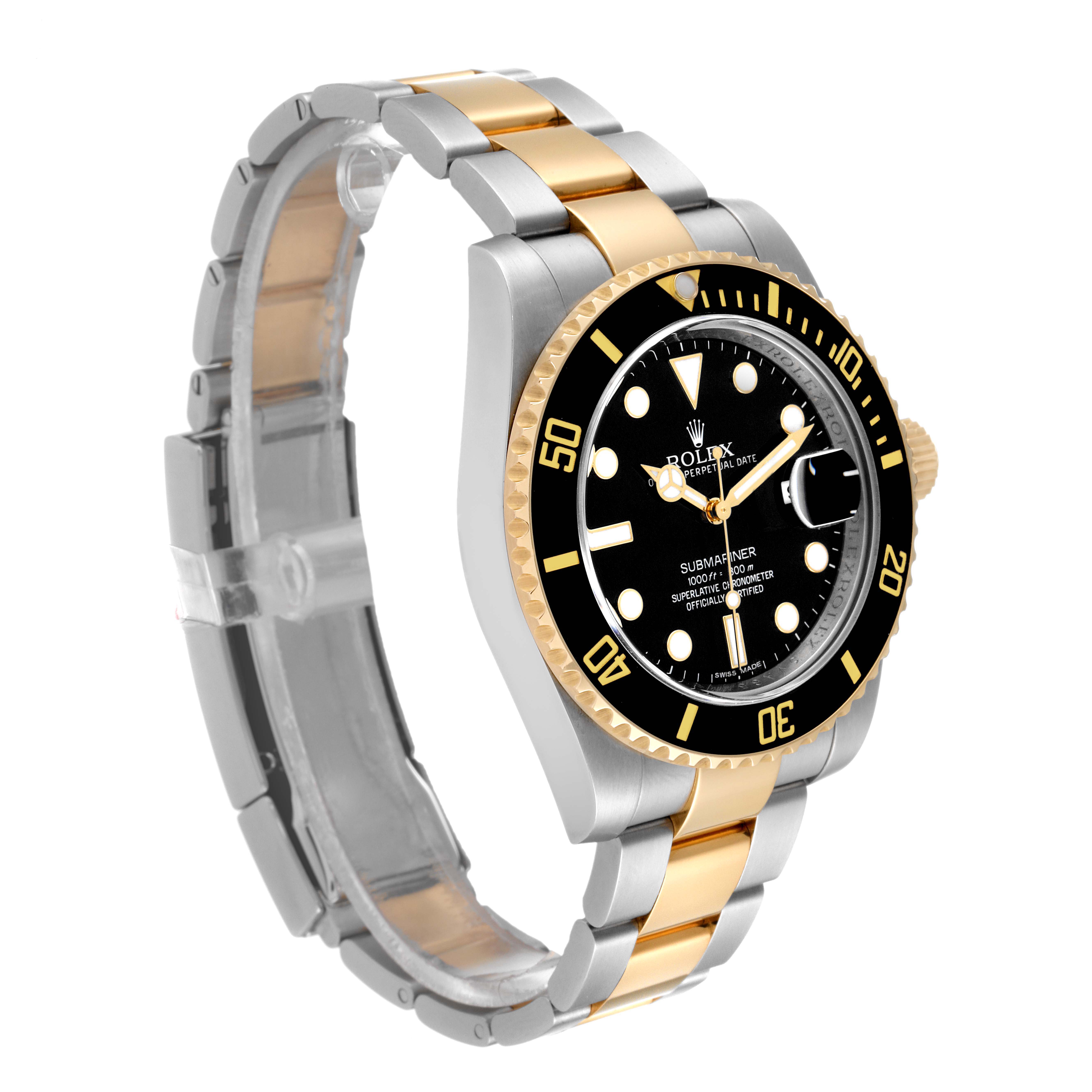 The image shows a Rolex Submariner 116613 Men's Steel and Gold (two tone) Black Dial 116613 Men's Steel and Gold (two tone) Black Dial watch at an angled side view, highlighting the bezel, dial, and two-tone bracelet.