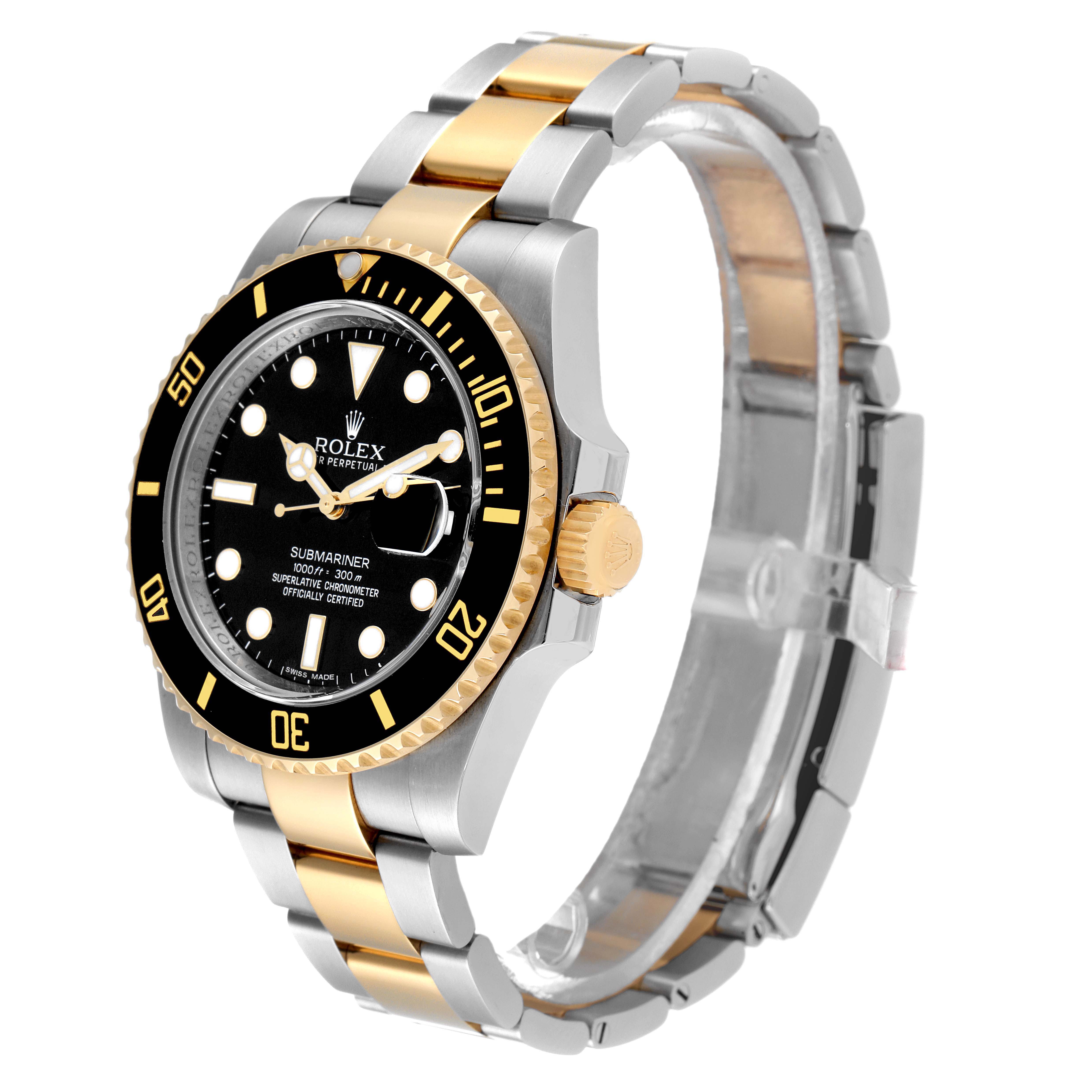 The image shows a Rolex Submariner 116613 Men's Steel and Gold (two tone) Black Dial 116613 Men's Steel and Gold (two tone) Black Dial watch at a slight angle, highlighting the face, bezel, crown, and two-tone bracelet.