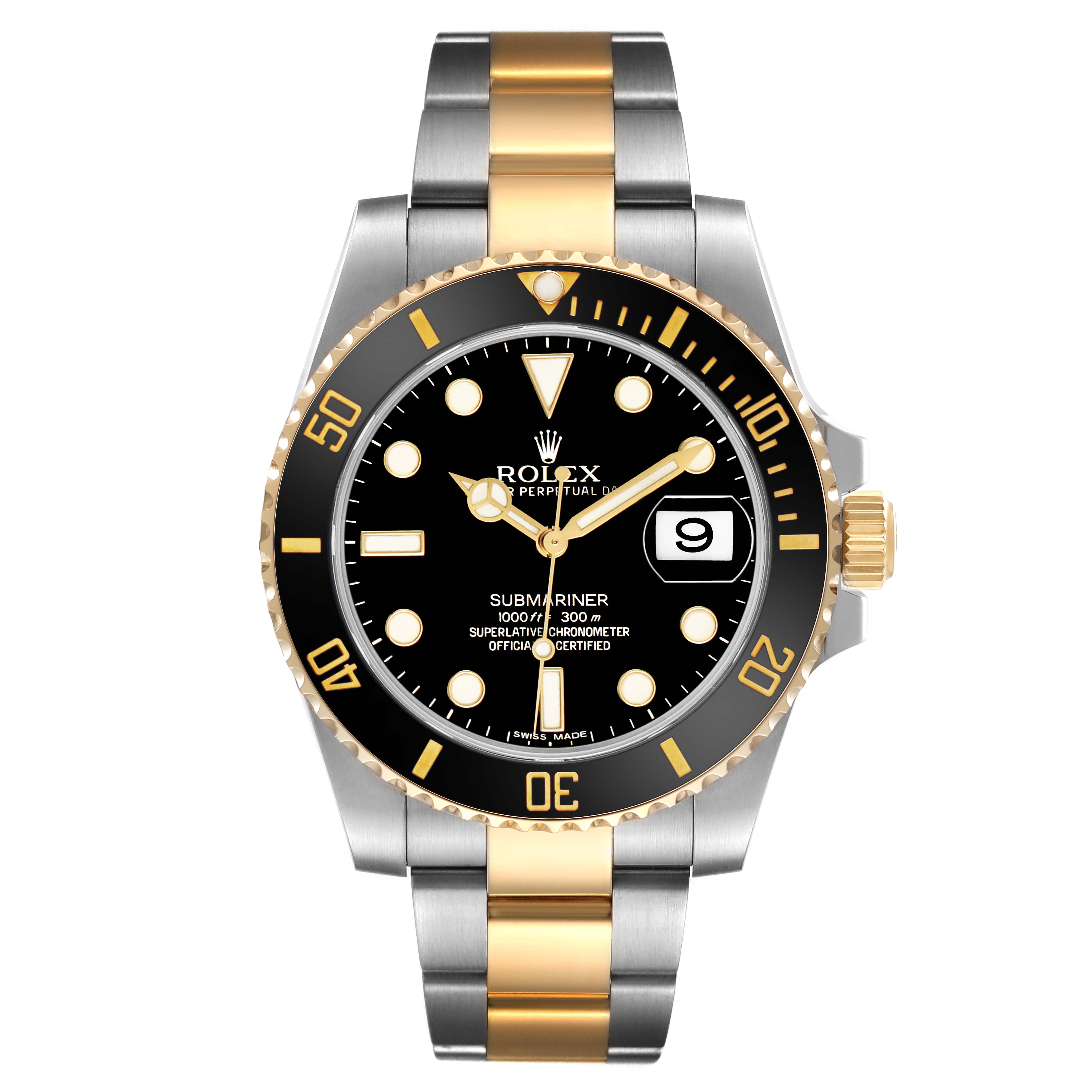 The image shows a Rolex Submariner 116613LN Men's Steel and Gold (two tone) Black Dial watch front-on, displaying the dial, bezel, and bracelet clearly.