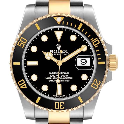 The Rolex Submariner 116613LN Men's Steel and Gold (two tone) Black Dial watch is shown from a front angle, highlighting its dial, bezel, and part of the bracelet.