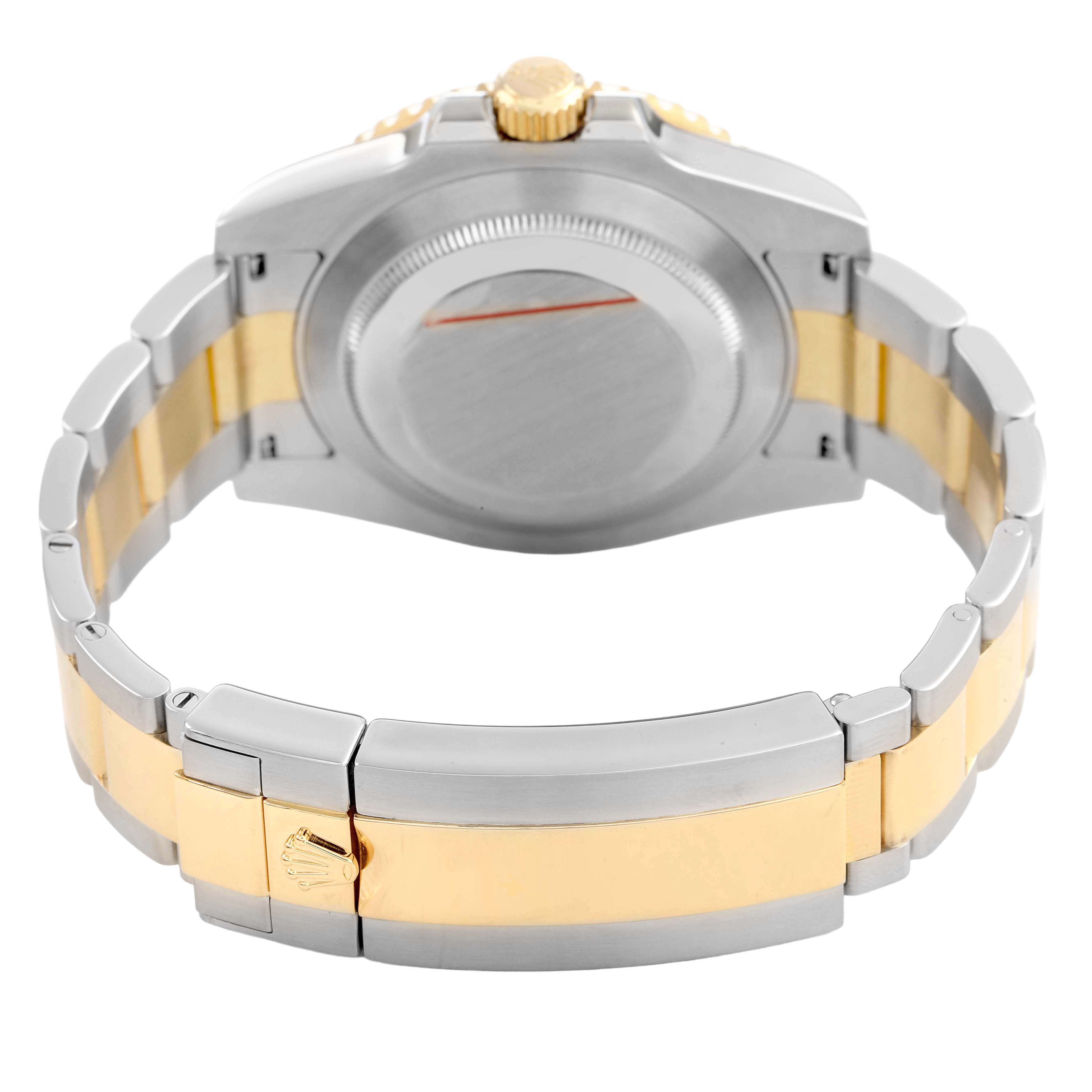 The image shows the back view of a Rolex Submariner 116613LN Men's Steel and Gold (two tone) Black Dial watch, highlighting its bracelet and clasp.