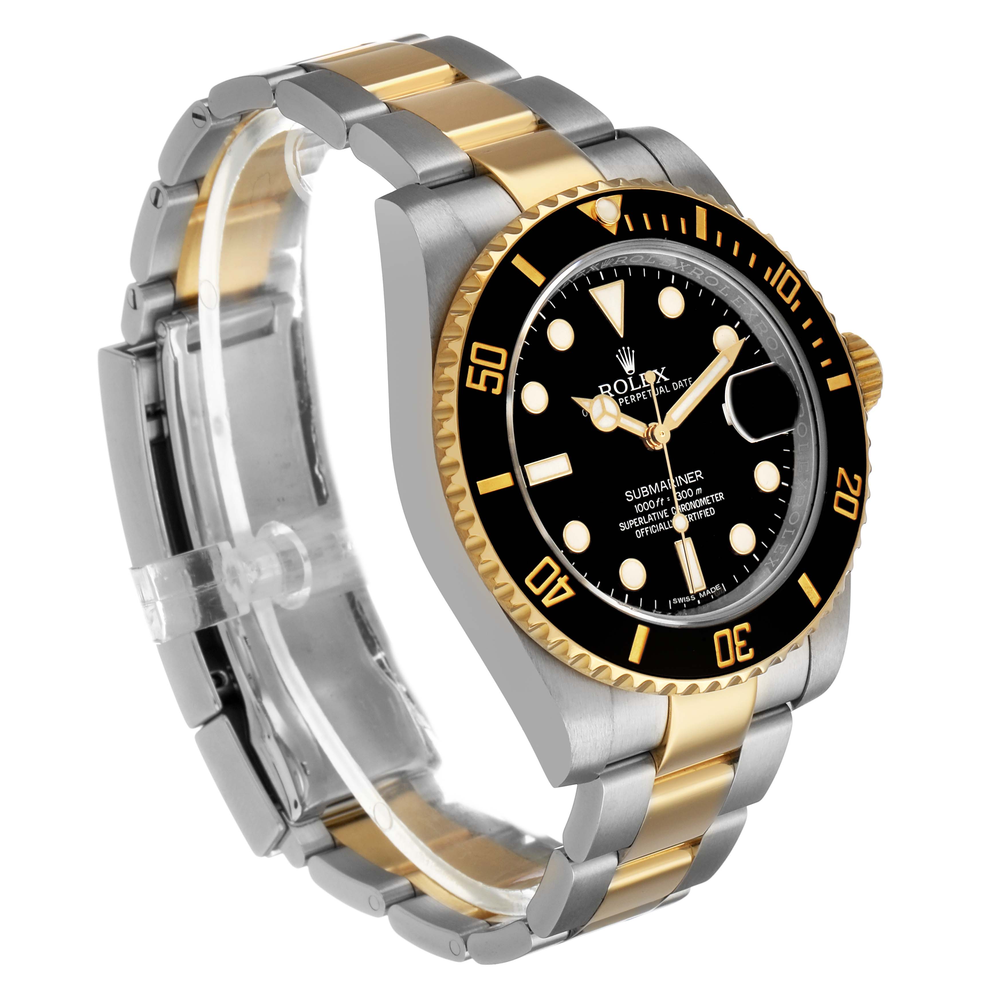 The image shows a Rolex Submariner 116613LN Men's Steel and Gold (two tone) Black Dial at a three-quarter angle, highlighting the dial, bezel, and bracelet.