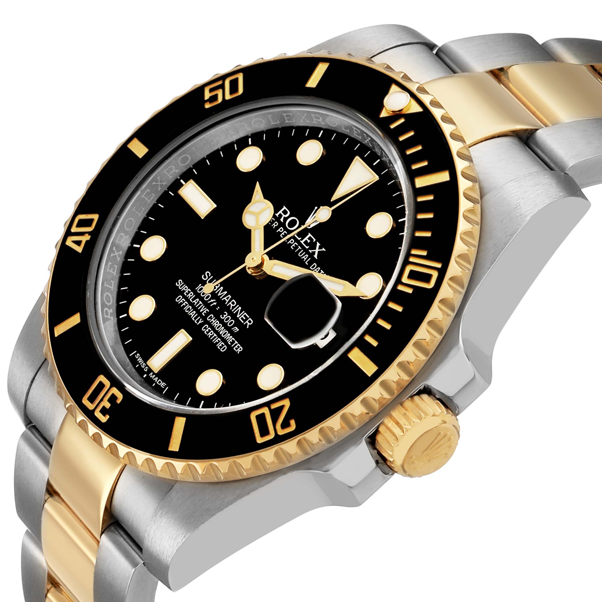 The Rolex Submariner 116613LN Men's Steel and Gold (two tone) Black Dial is shown at a tilted angle, displaying its black dial, gold bezel, crown, and two-tone bracelet.
