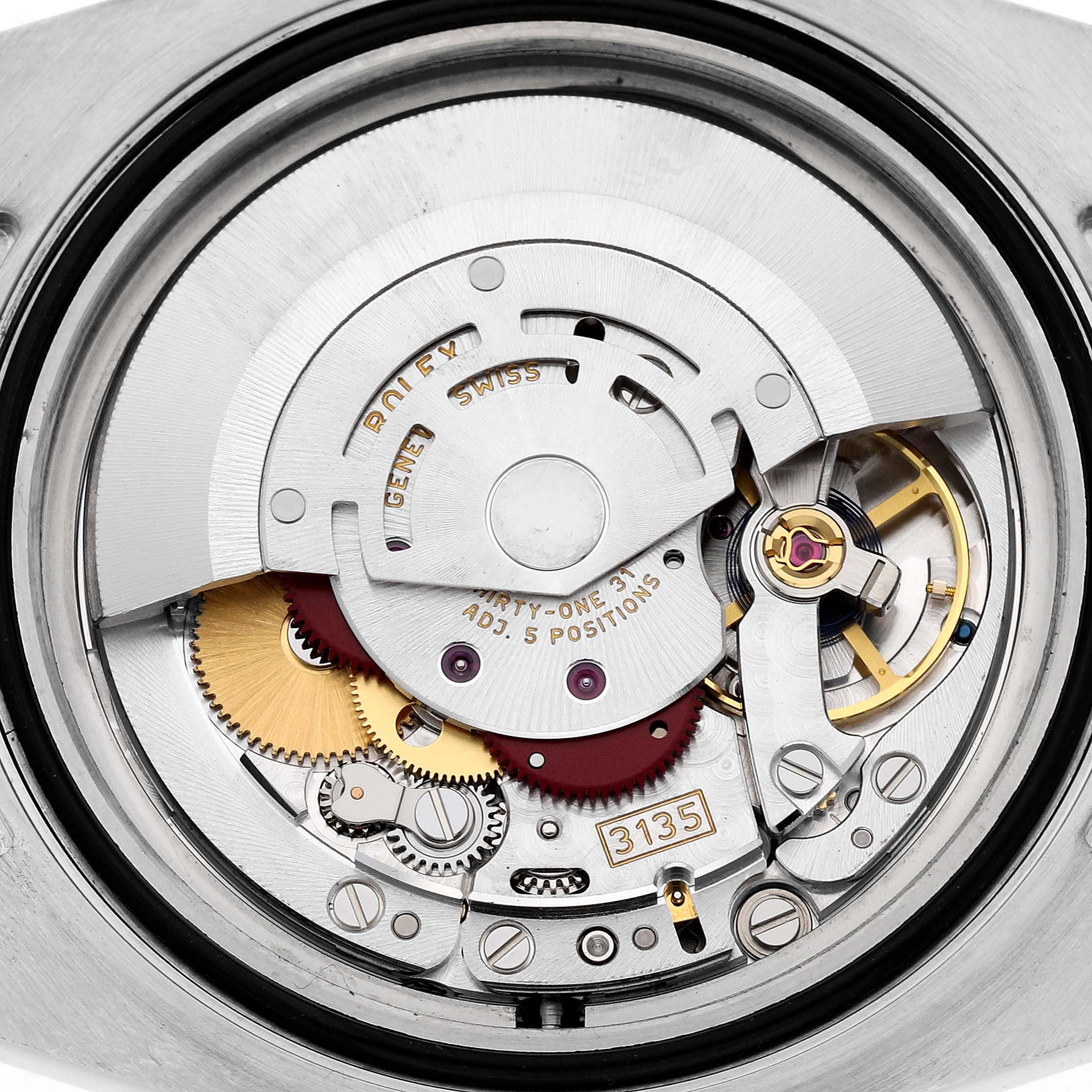 The image shows the movement of a Rolex Submariner 116613LN Men's Steel and Gold (two tone) Black Dial watch from a rear angle, highlighting the intricate gears and rotor.