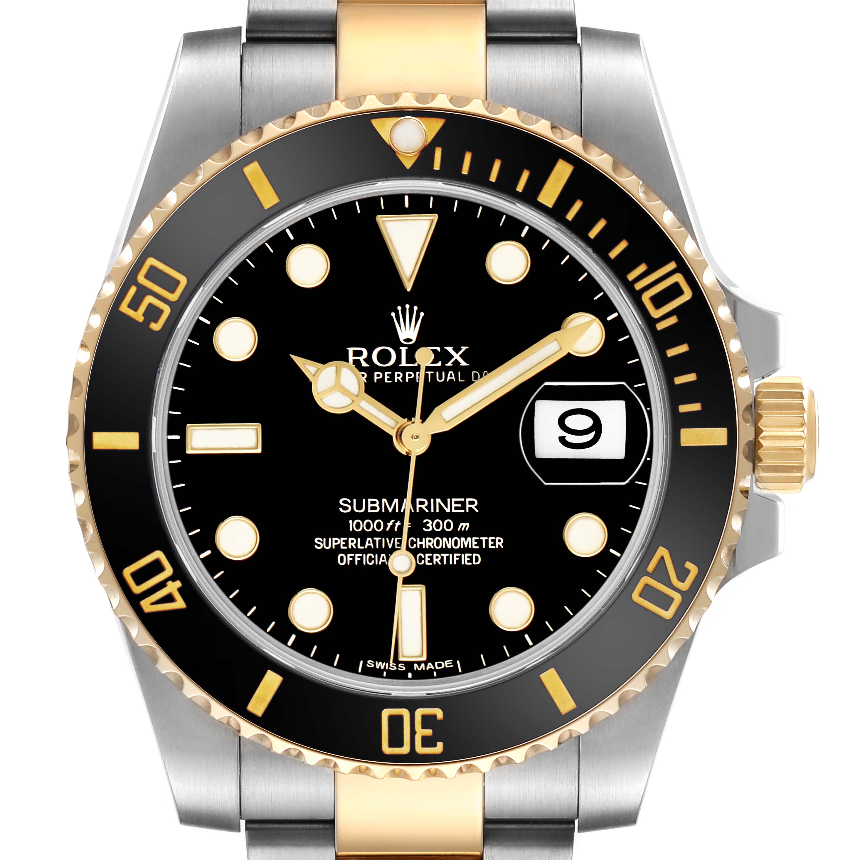 The Rolex Submariner 116613LN Men's Steel and Gold (two tone) Black Dial watch is shown from the front, highlighting the dial, bezel, crown, and part of the bracelet.