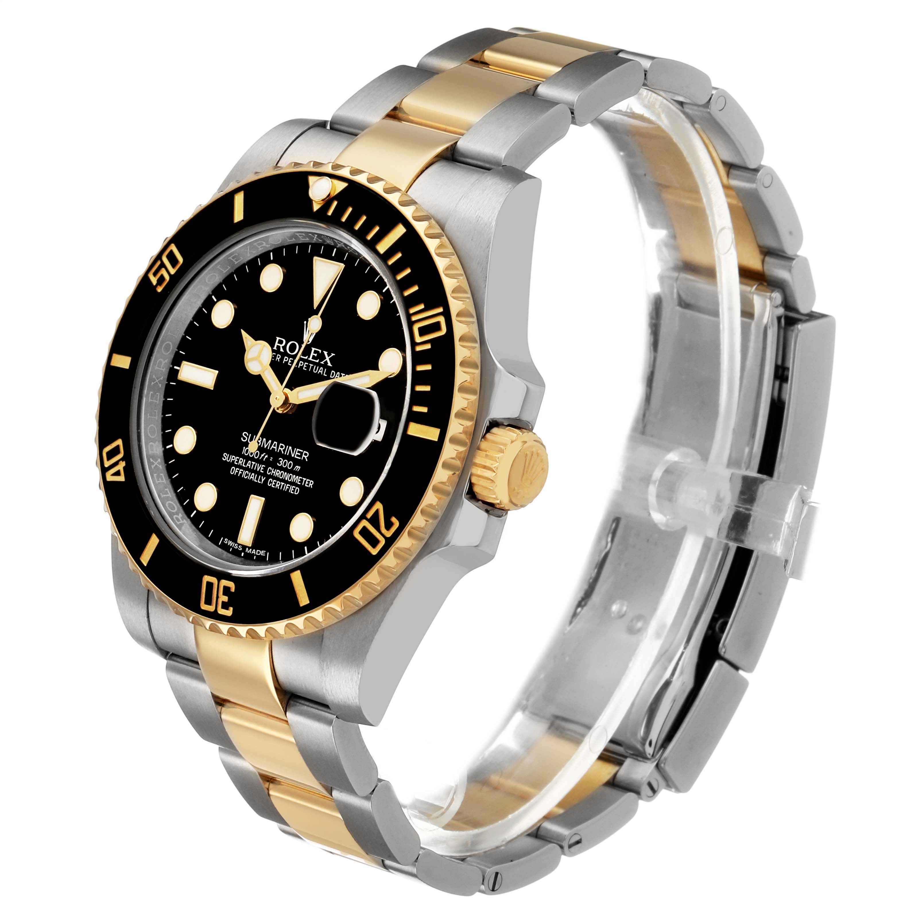 The Rolex Submariner 116613LN Men's Steel and Gold (two tone) Black Dial watch is shown at a side angle, displaying its bezel, dial, crown, and bracelet.