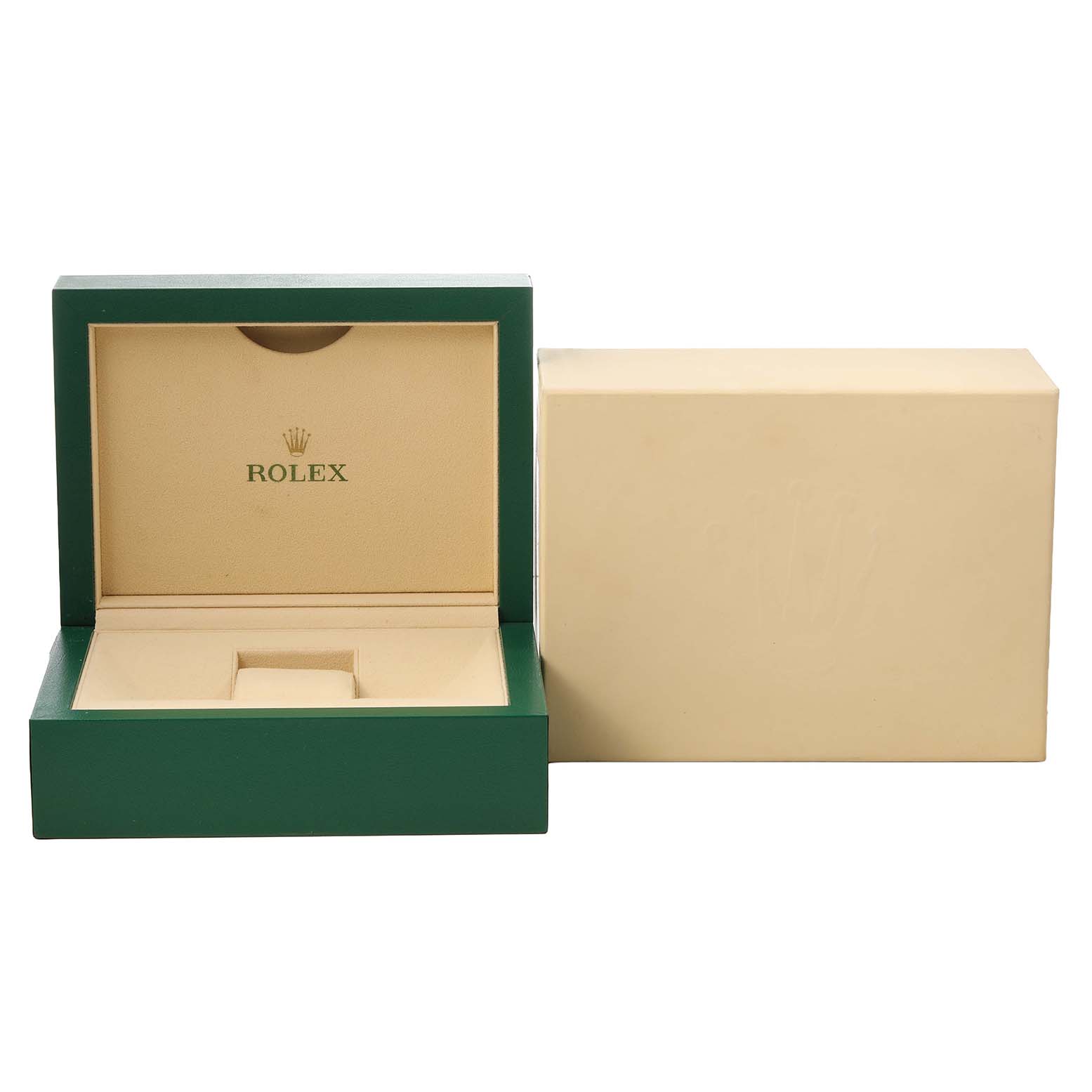The image shows an open green and beige Rolex watch box, likely for a Submariner model, alongside its outer box.