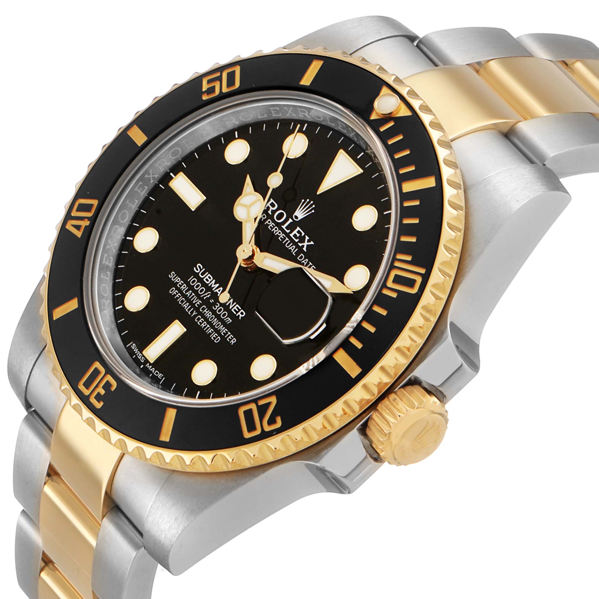 The image shows a Rolex Submariner 116613LN Men's Steel and Gold (two tone) Black Dial watch at a slight angle, highlighting the bezel, dial, crown, and bracelet.