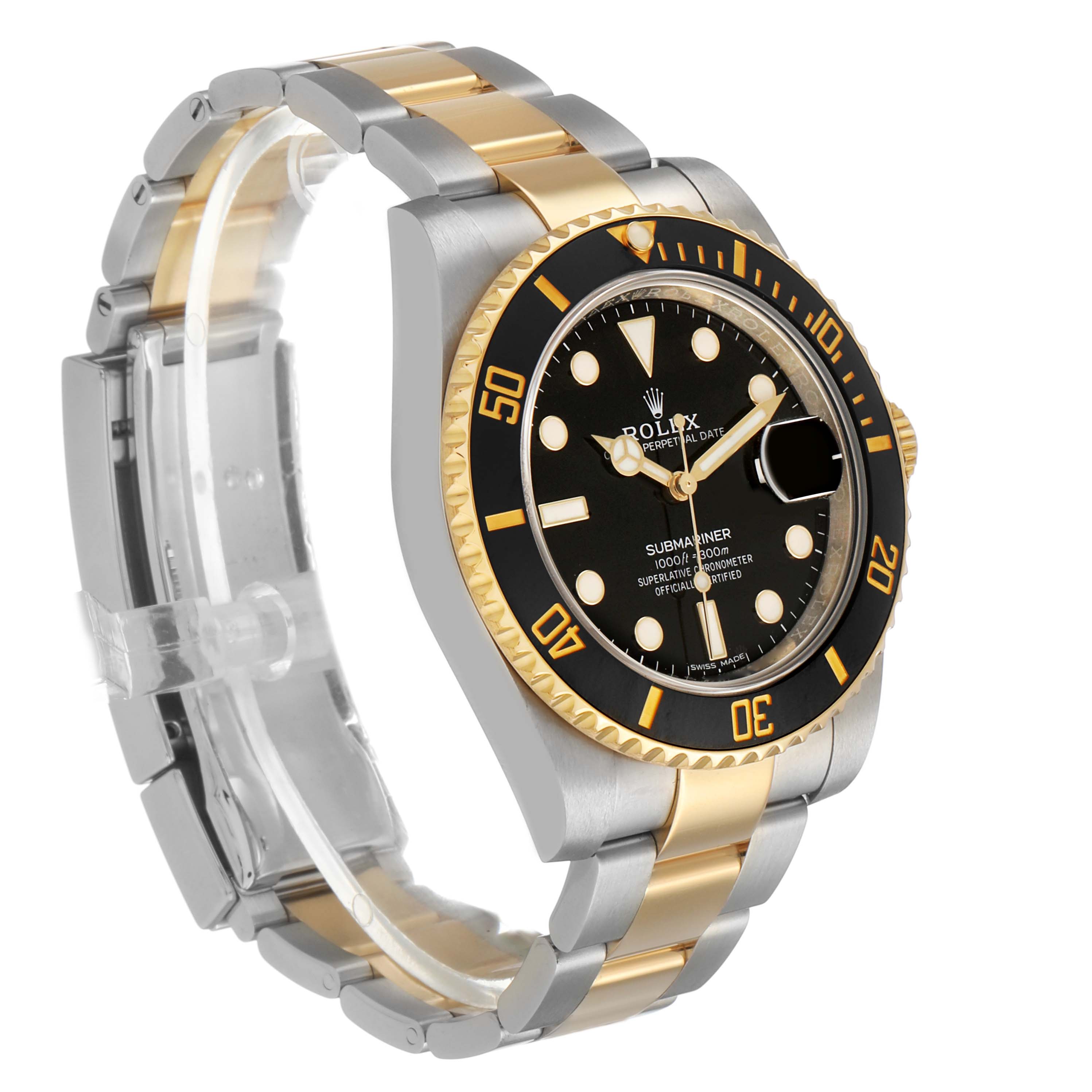 The Rolex Submariner 116613LN Men's Steel and Gold (two tone) Black Dial watch is shown at a slight angle, highlighting the dial, bezel, bracelet, and clasp.