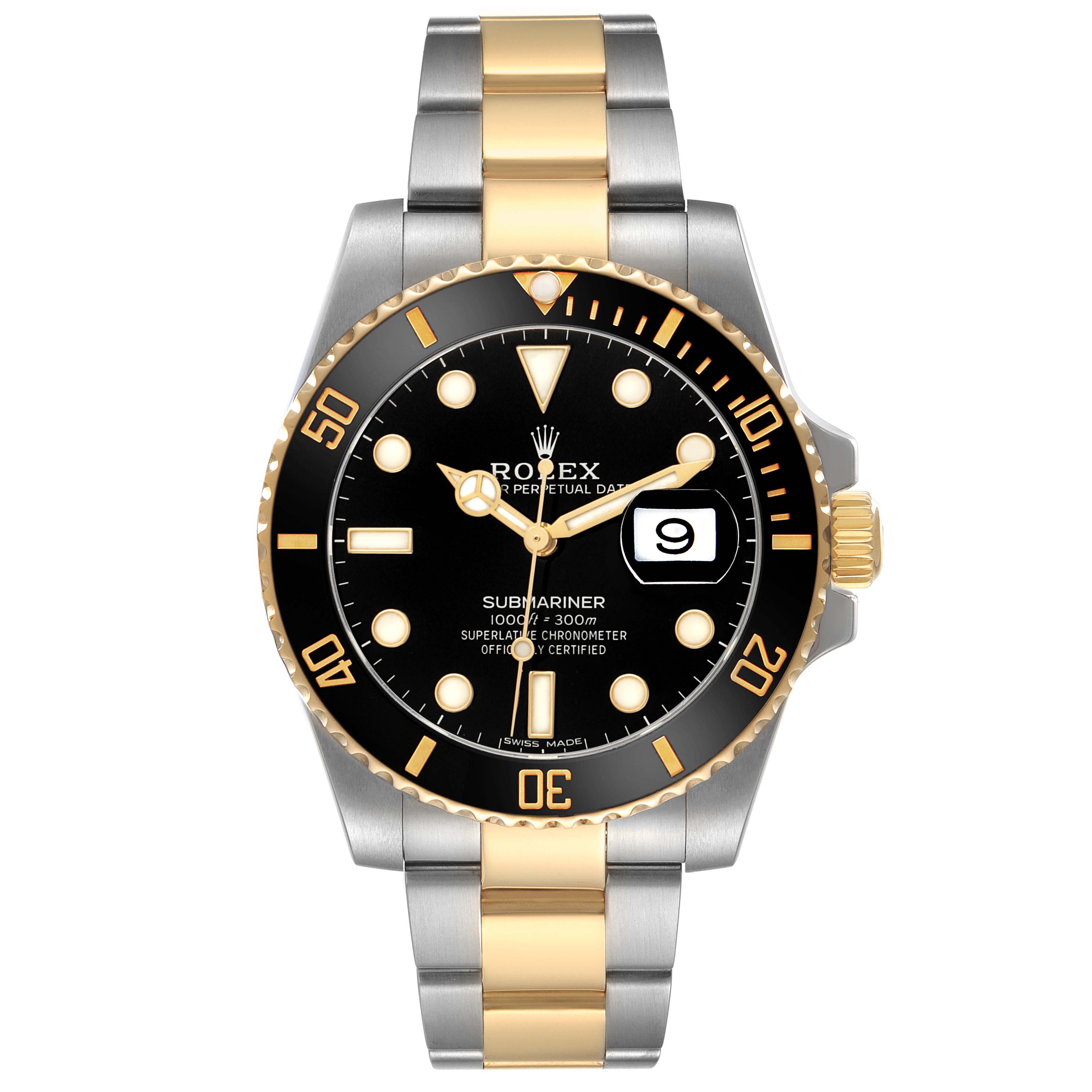 The Rolex Submariner 116613LN Men's Steel and Gold (two tone) Black Dial watch is shown from a front angle, displaying the dial, bezel, bracelet, and crown.