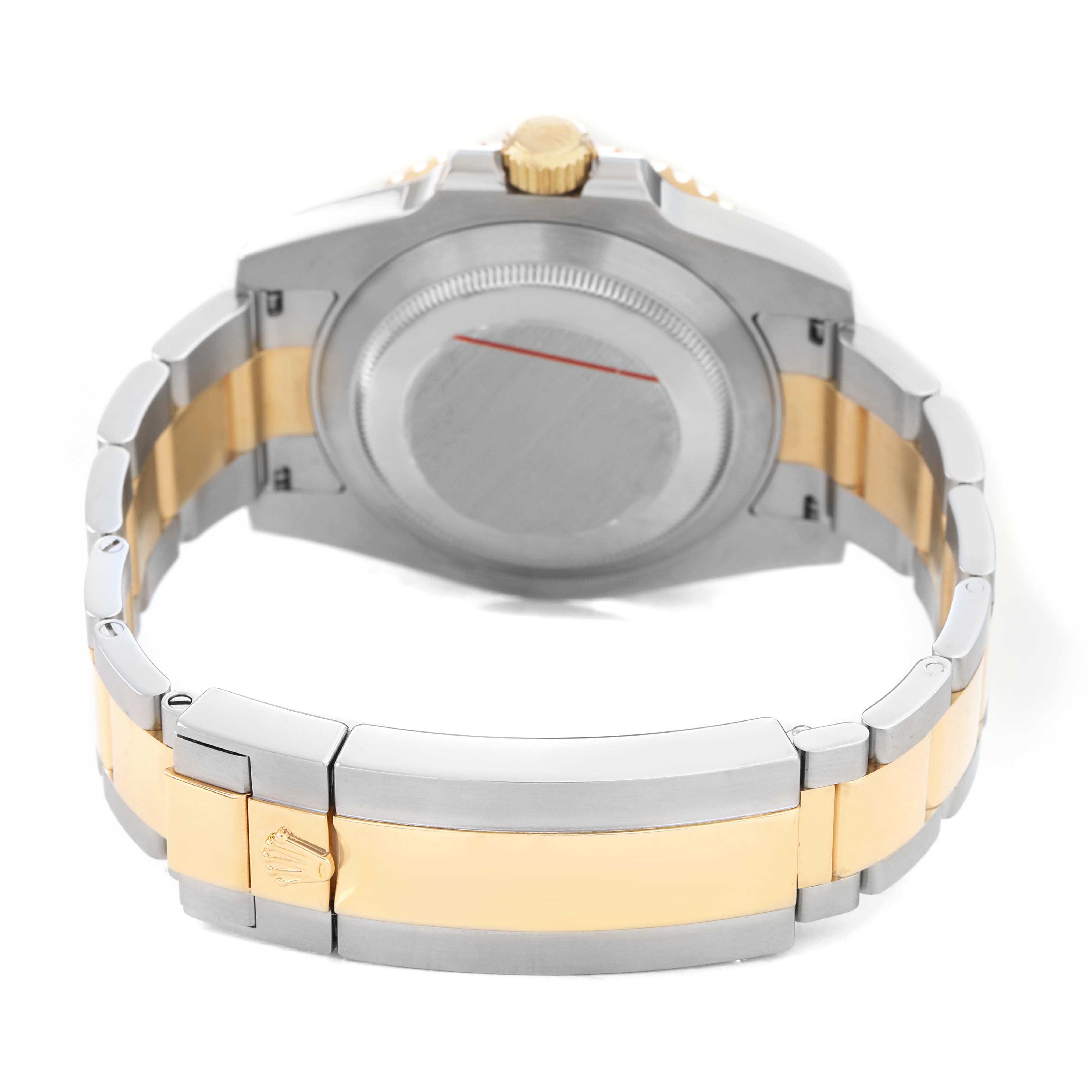 The image shows the back and bracelet of a Rolex Submariner 116613LN Men's Steel and Gold (two tone) Black Dial, highlighting the gold and silver links and clasp.