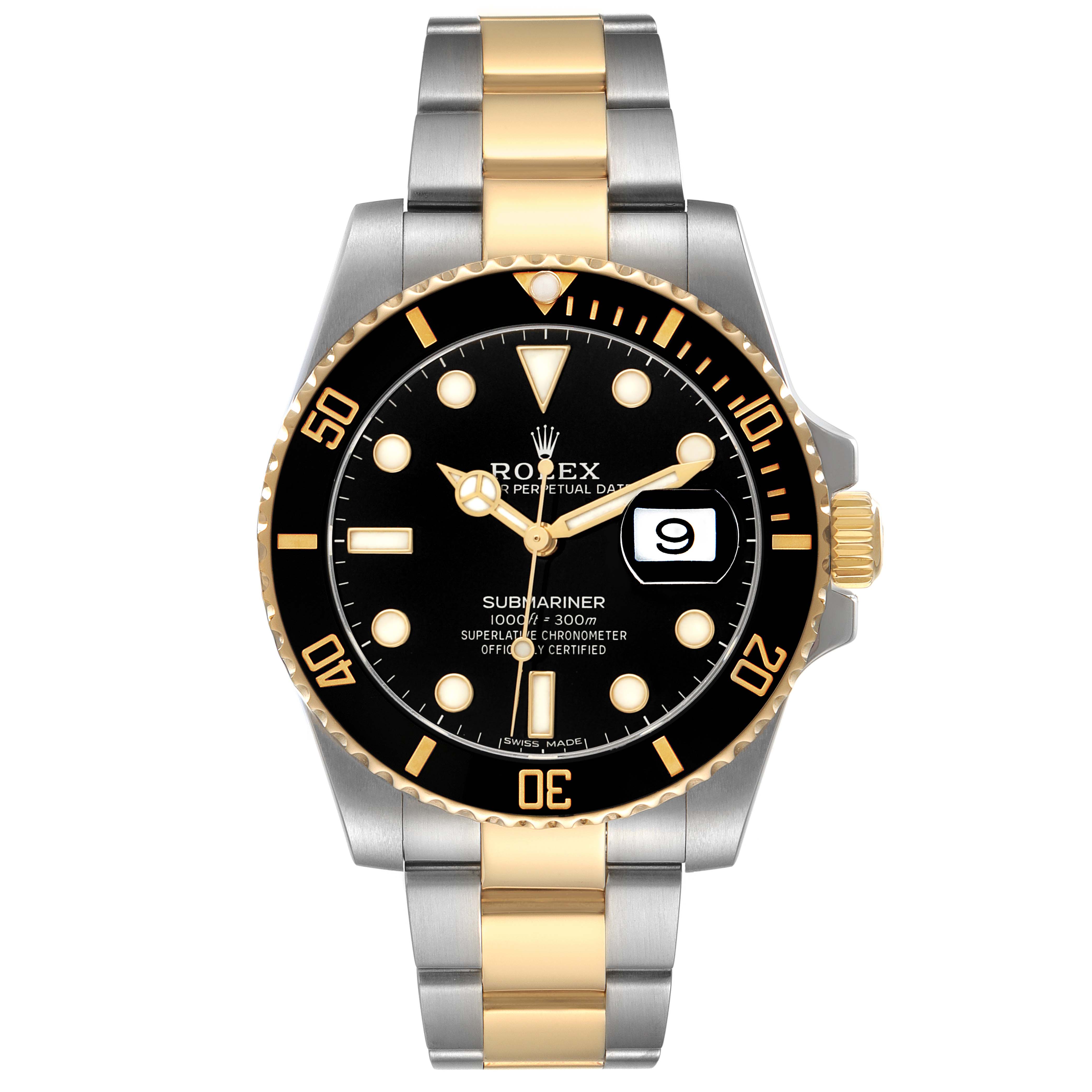 The Rolex Submariner 116613LN Men's Steel and Gold (two tone) Black Dial watch is shown from the front, highlighting its black dial, gold and steel bracelet, and date function.
