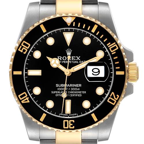 The Rolex Submariner 116613LN Men's Steel and Gold (two tone) Black Dial watch is shown from the front, highlighting the dial, bezel, and part of the bracelet.