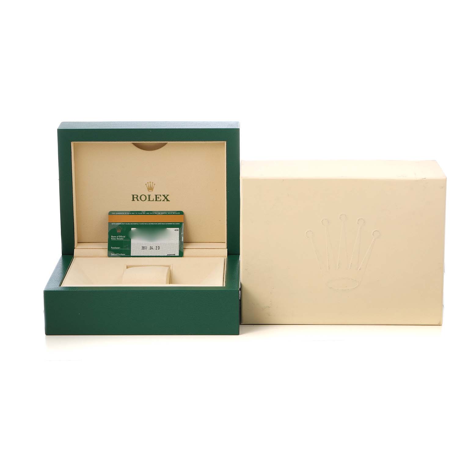 The image shows the open presentation box and card for the Rolex Submariner 116613LN Men's Steel and Gold (two tone) Black Dial, with the outer box beside it.