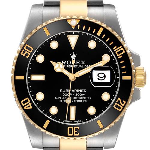 The Rolex Submariner 116613LN Men's Steel and Gold (two tone) Black Dial watch is shown from a top-down angle, highlighting its bezel, dial, and bracelet.