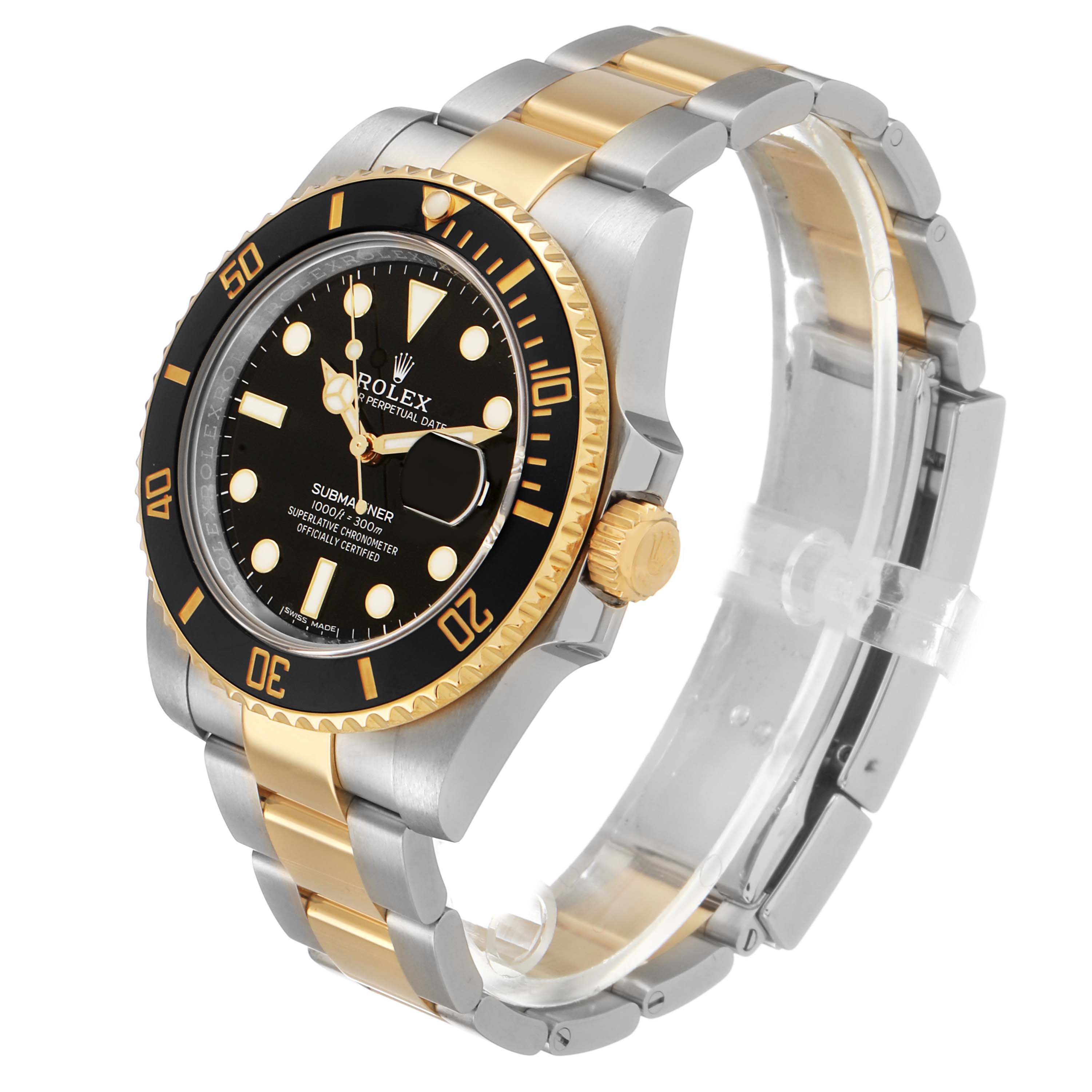 The image shows a Rolex Submariner 116613LN Men's Steel and Gold (two tone) Black Dial at a three-quarter angle, highlighting its bezel, dial, and two-tone bracelet.