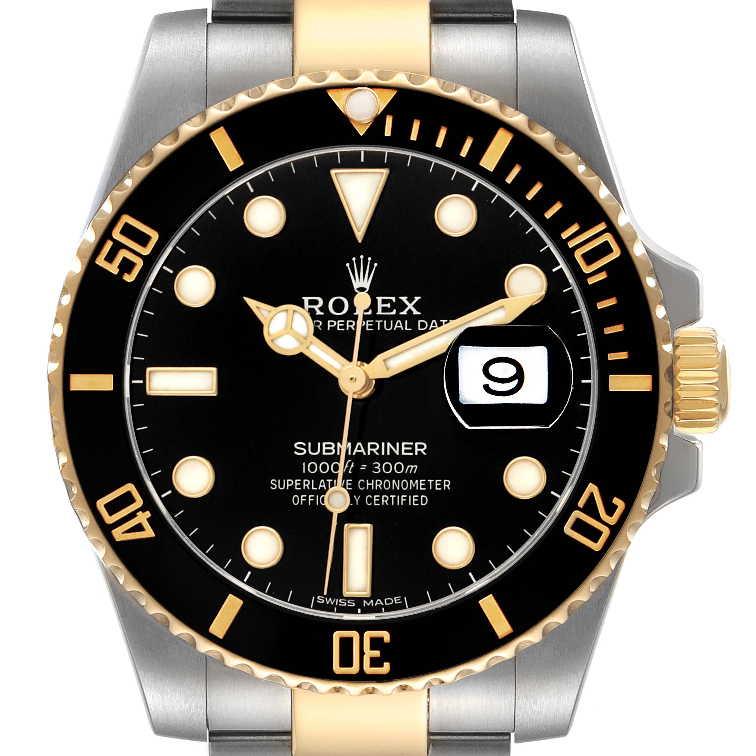 The Rolex Submariner 116613LN Men's Steel and Gold (two tone) Black Dial watch is shown from the front, highlighting the dial, bezel, and bracelet.