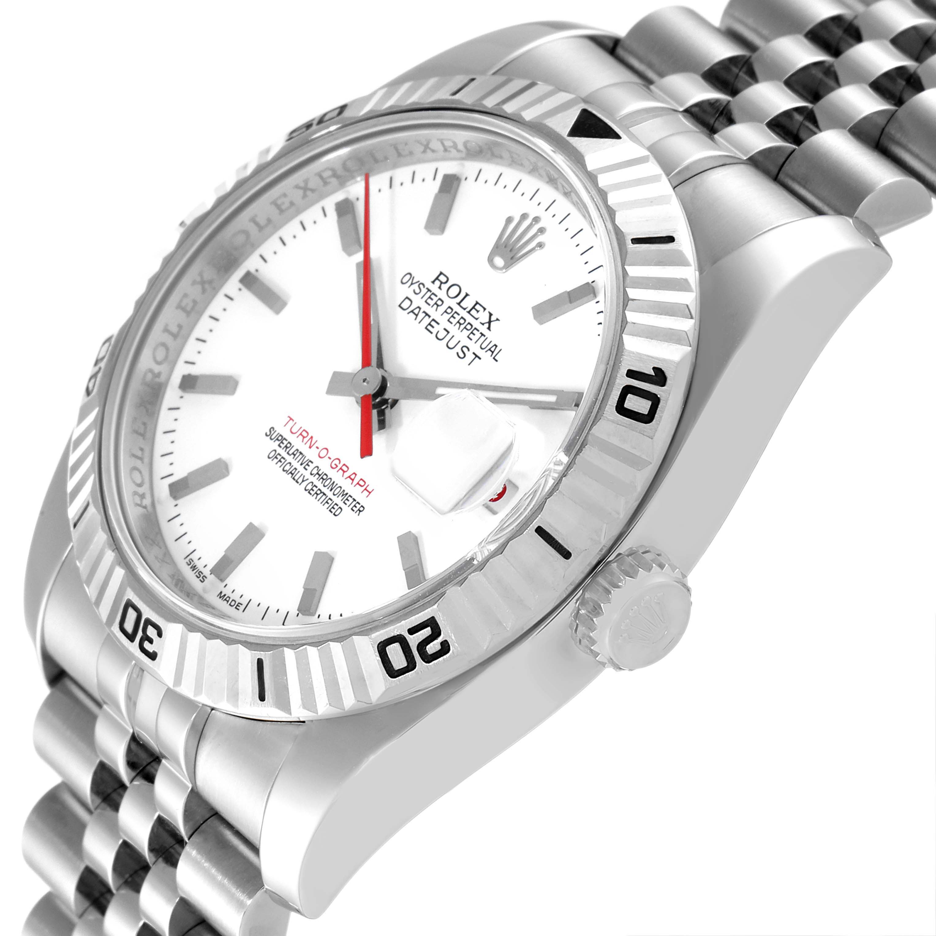 The image shows a close-up angle of the Rolex Turn-o-Graph 116264 Men's Stainless Steel White Dial 116264 Men's Stainless Steel White Dial watch highlighting the dial, bezel, crown, and part of the bracelet.