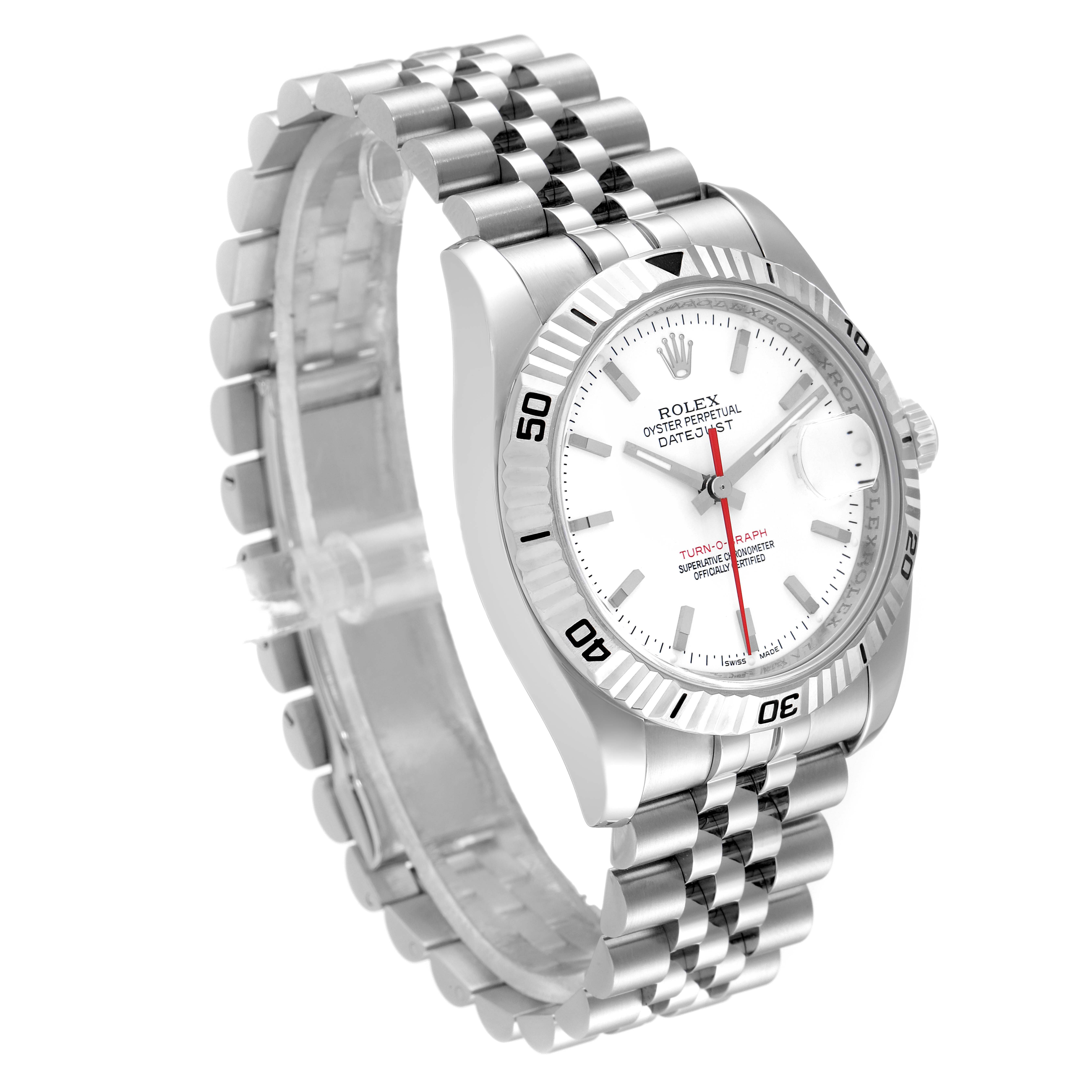 The Rolex Turn-o-Graph 116264 Men's Stainless Steel White Dial 116264 Men's Stainless Steel White Dial watch is shown at a slight angle, displaying the bezel, dial, and bracelet.
