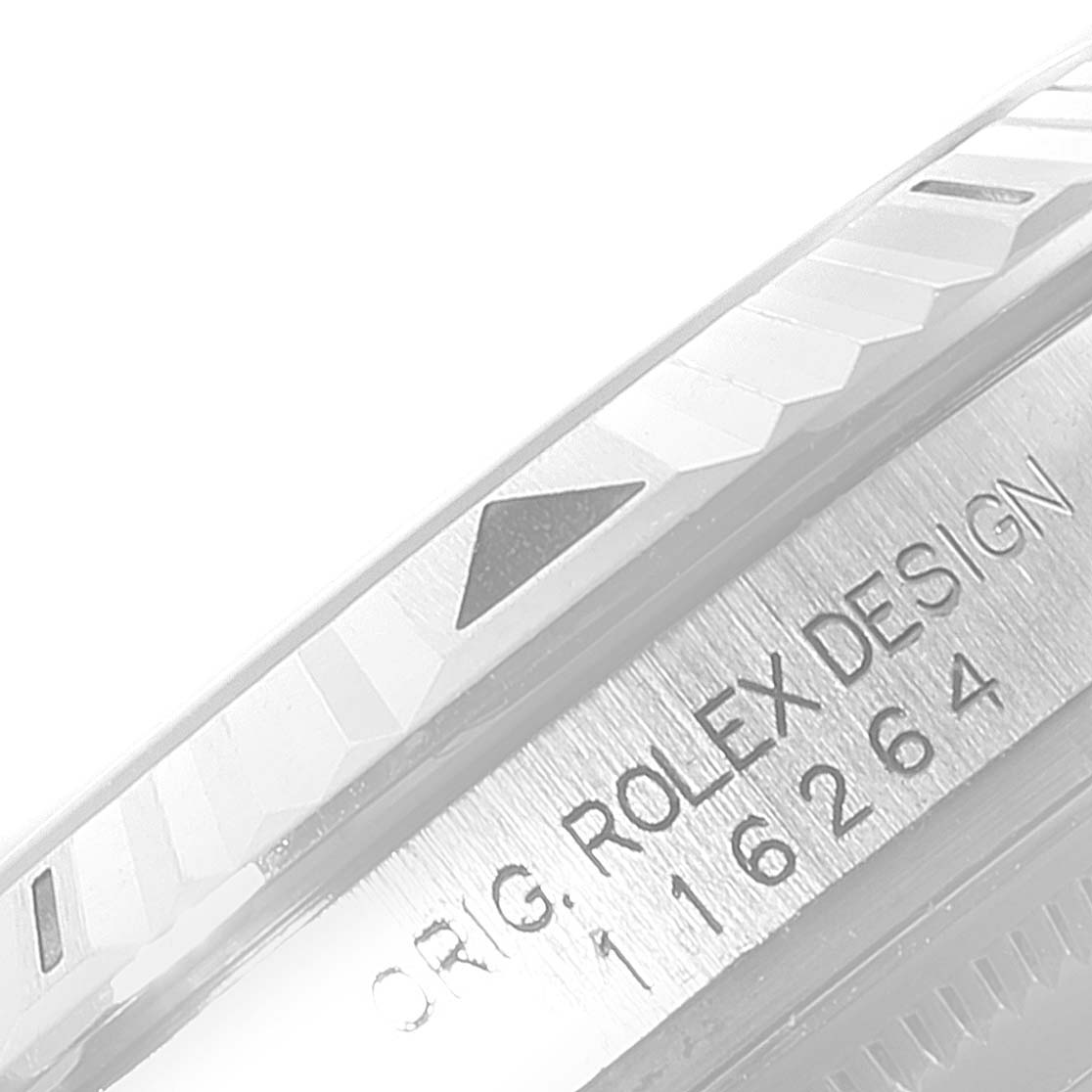The image shows a close-up of the Rolex Turn-o-Graph 116264 Men's Stainless Steel White Dial 116264 Men's Stainless Steel White Dial model focusing on the bezel and engraved text.