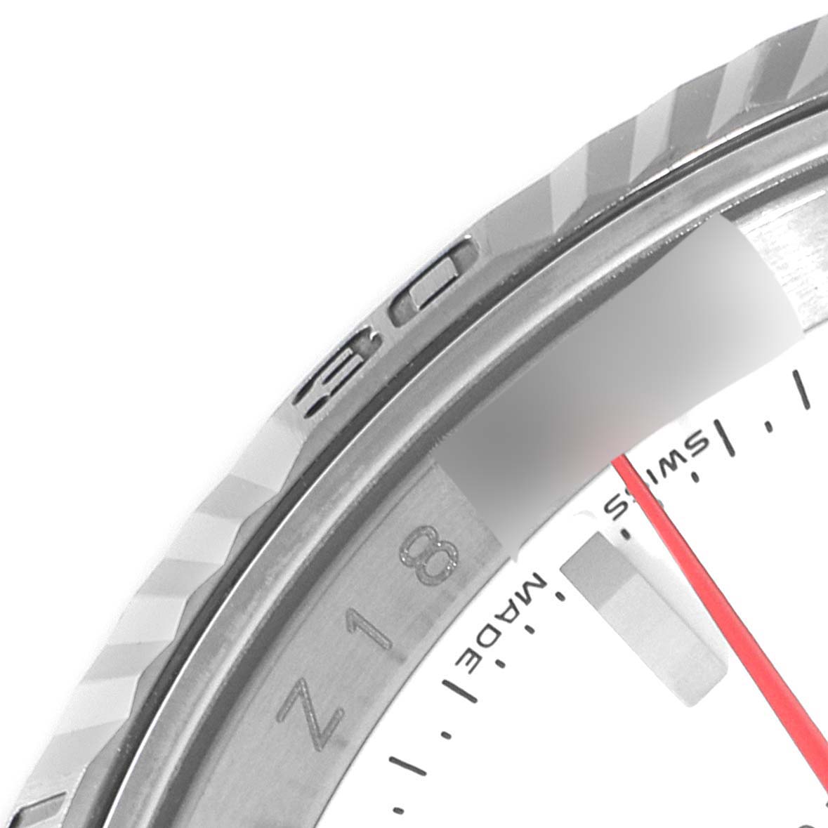 The image shows a close-up of the bezel, part of the dial, and the "Swiss Made" marking on a Rolex Turn-o-Graph 116264 Men's Stainless Steel White Dial 116264 Men's Stainless Steel White Dial watch at an angle.