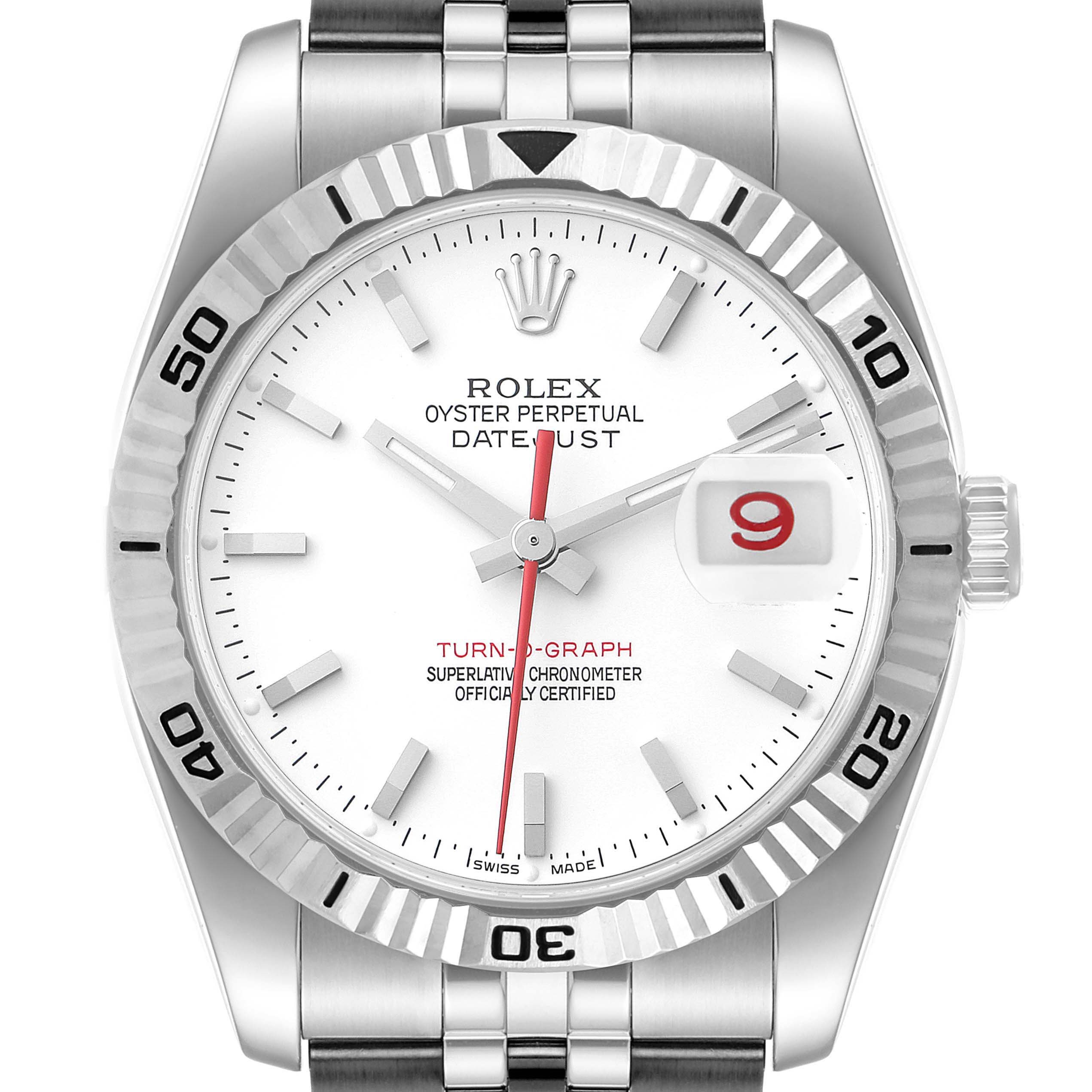 The image shows a frontal view of the Rolex Turn-o-Graph 116264 Men's Stainless Steel White Dial 116264 Men's Stainless Steel White Dial watch, displaying its bezel, dial, hands, and part of the bracelet.